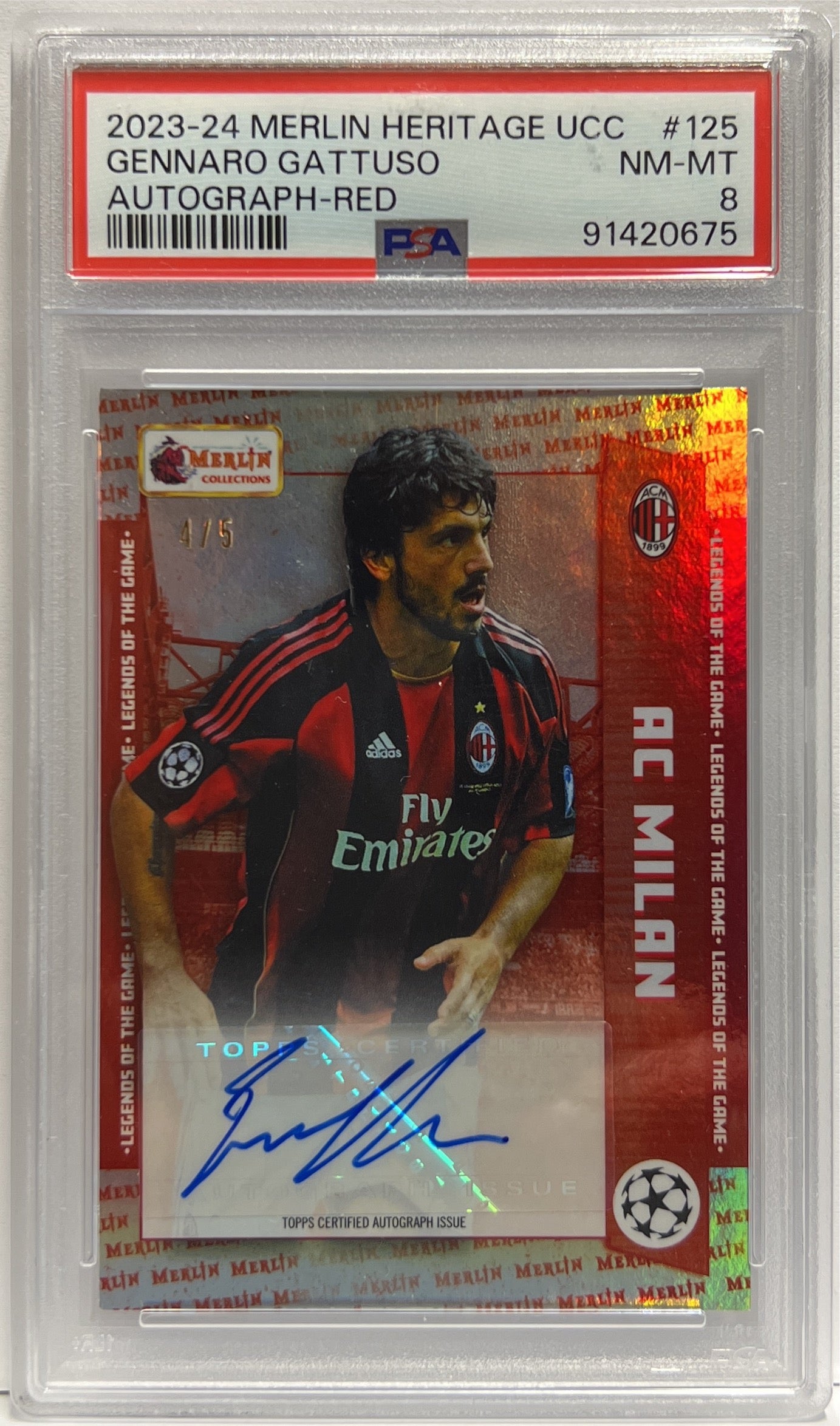 Gennaro Gattuso 4/5 Autograph Red Topps Merlin Heritage 2023/24 PSA 8
