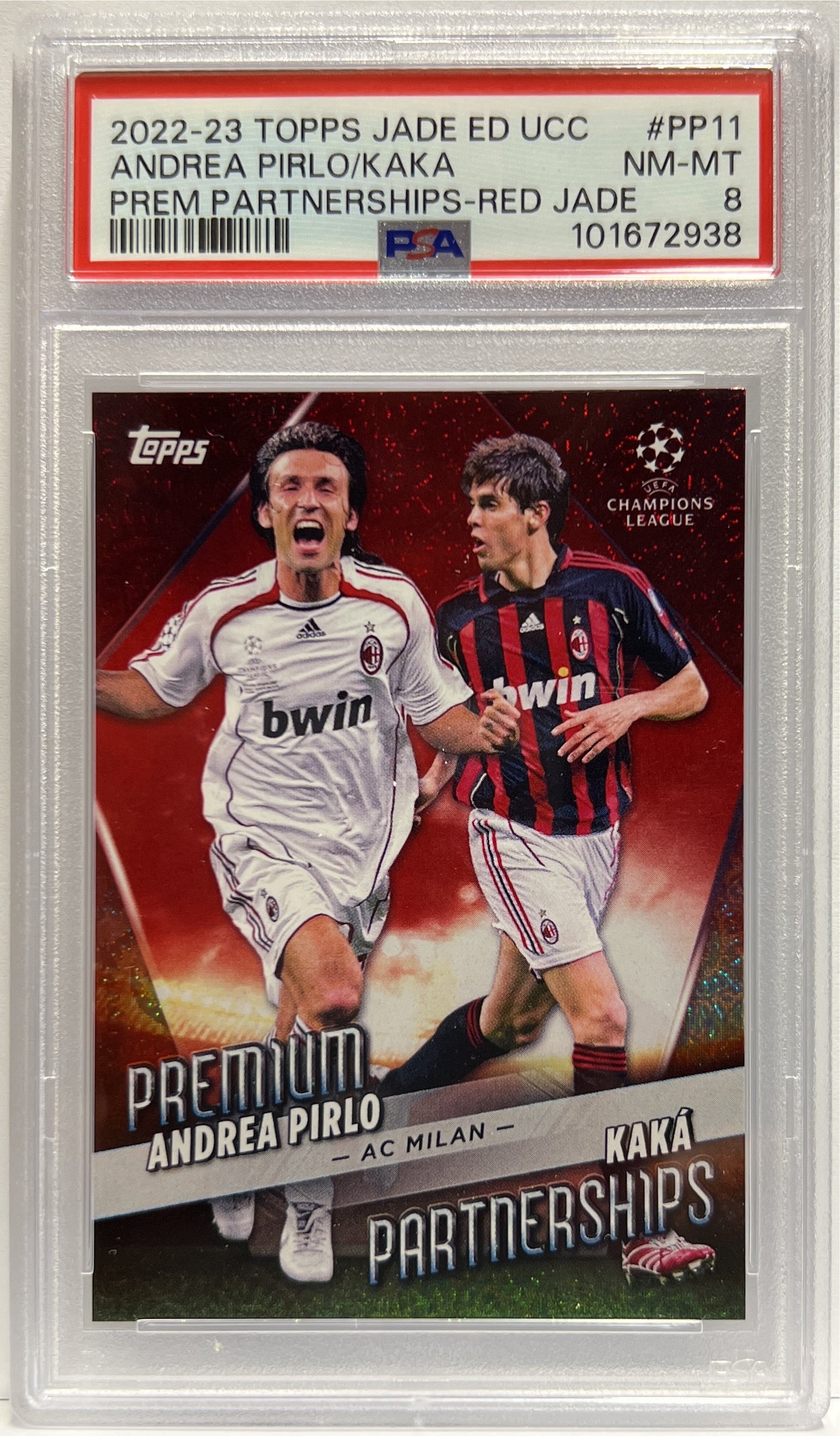 Pirlo & Kaka 3/5 Premium Partnership Red Jade Topps UCC 2022/23 PSA 8