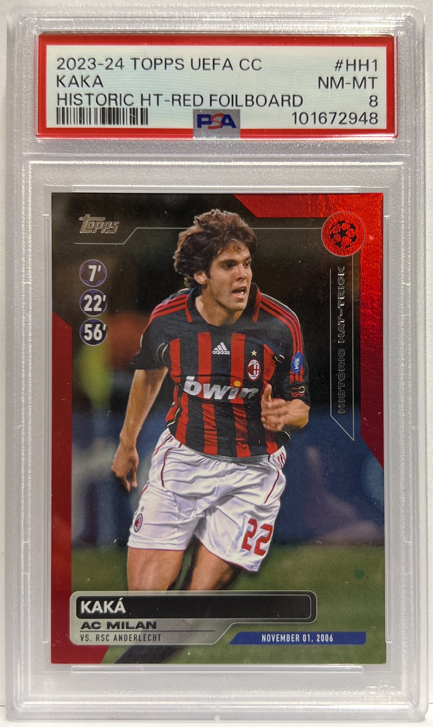 Kaka 1/5 Historic Hat Trick Red Foilboard Topps UCC 2023/24 PSA 8