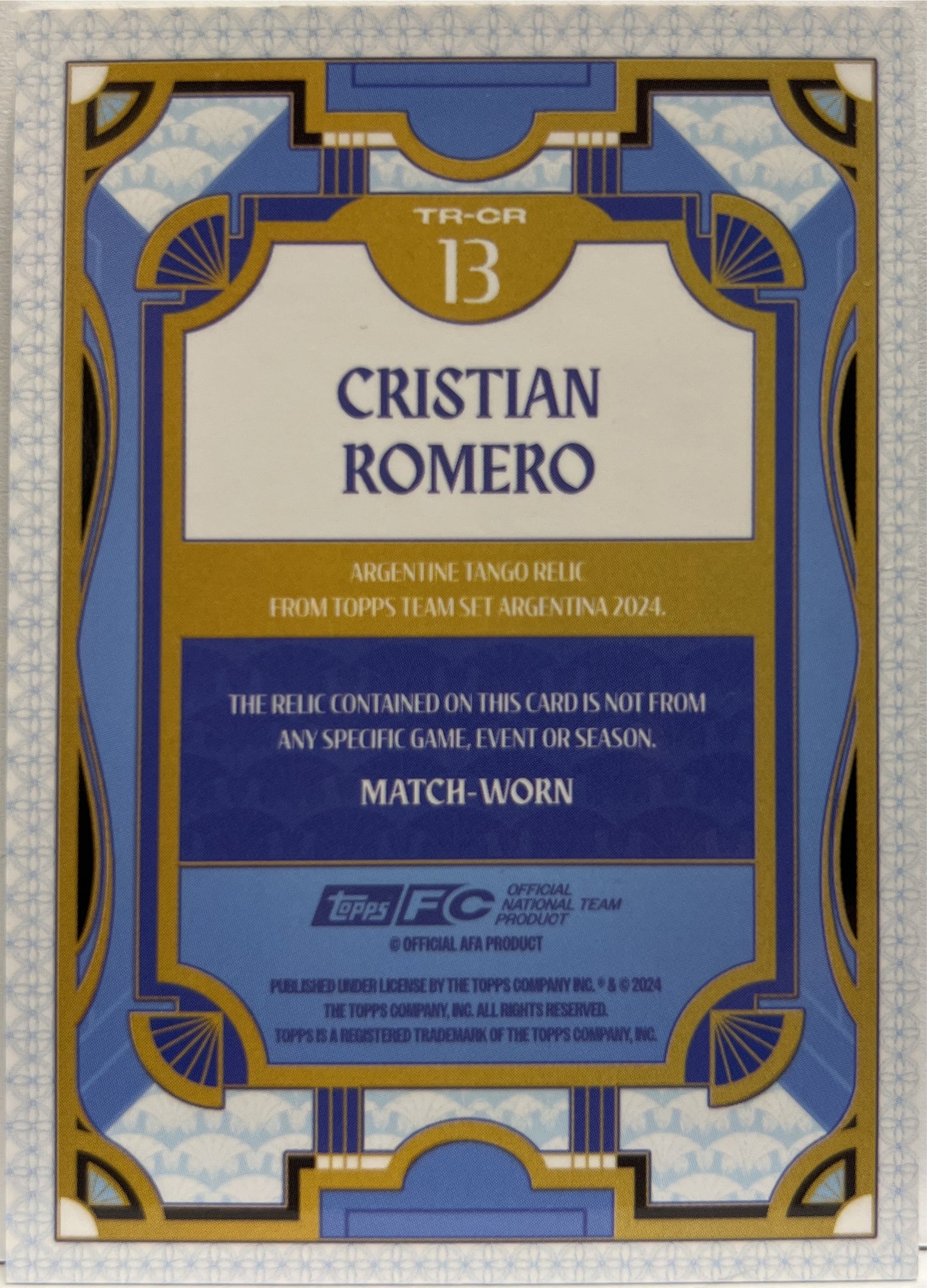 Cristian Romero Patch Tango Relic Topps Argentina Team Set 2024/25 blue2
