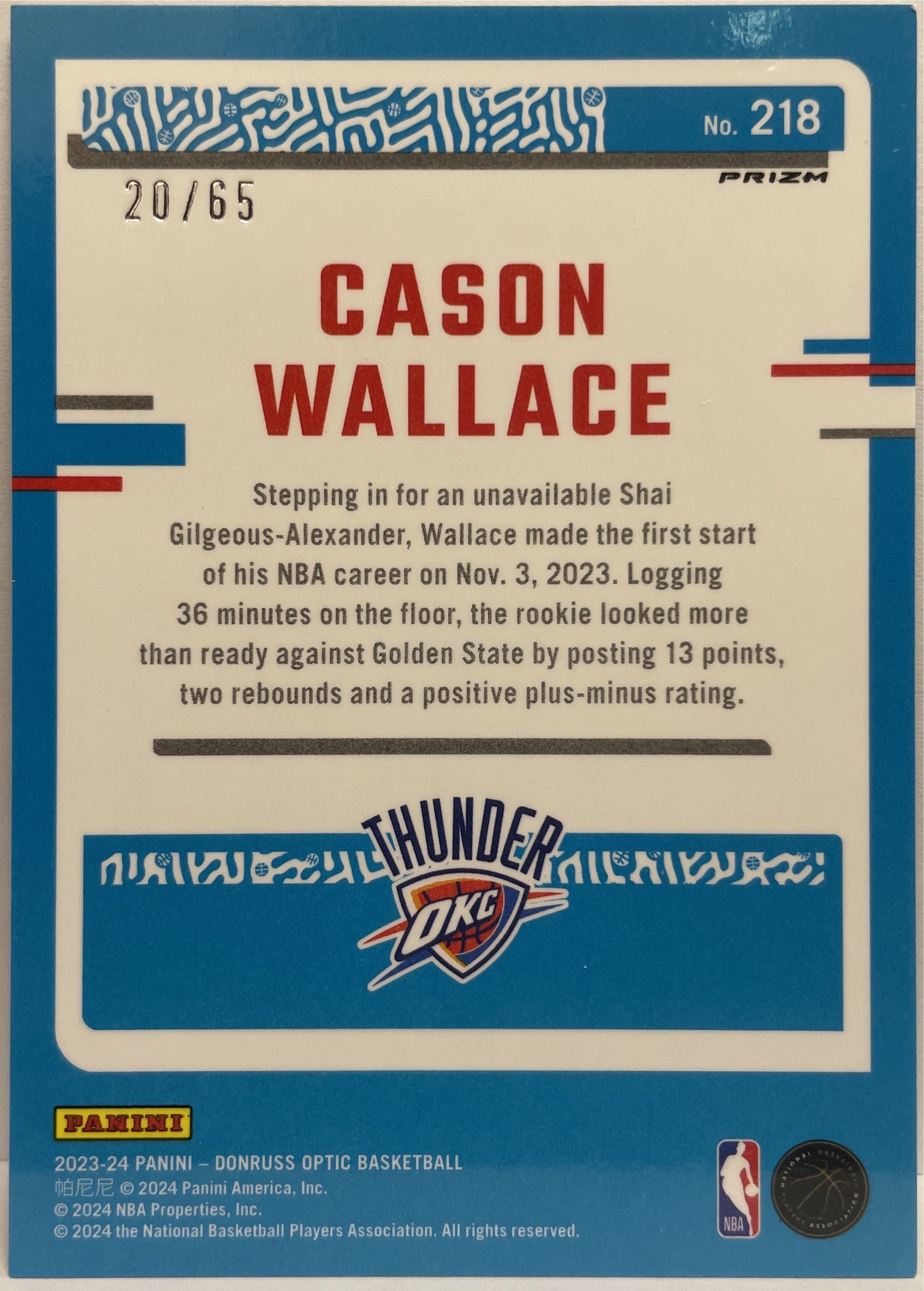 Cason Wallace 20/65 Rated Rookie Green Optic Donruss Optic Basketball NBA 2023/24