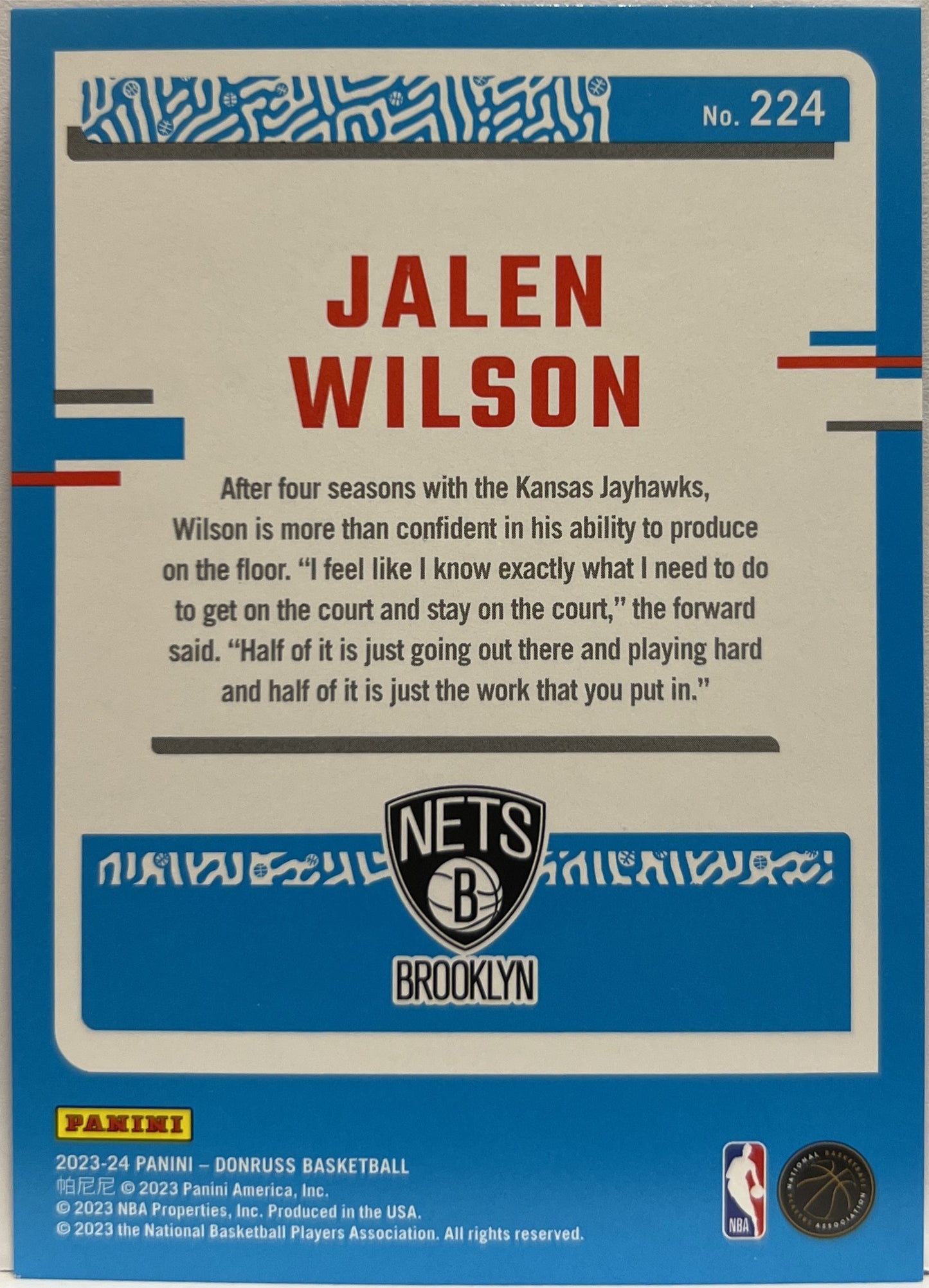 Jalen Wilson 77/99 Rated Rookie Red Mojo Donruss NBA Basketball 2023/24