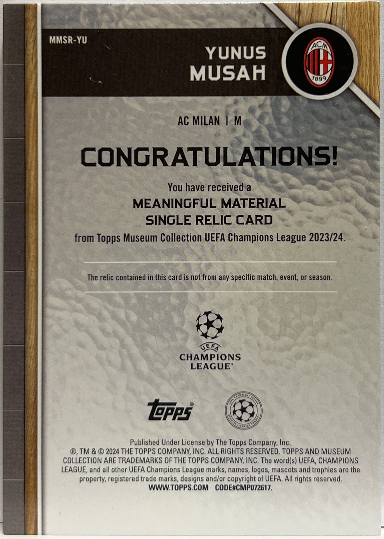 Yunus Musah 1/99 Patch Meaningful Material Purple Topps Museum 2023/24