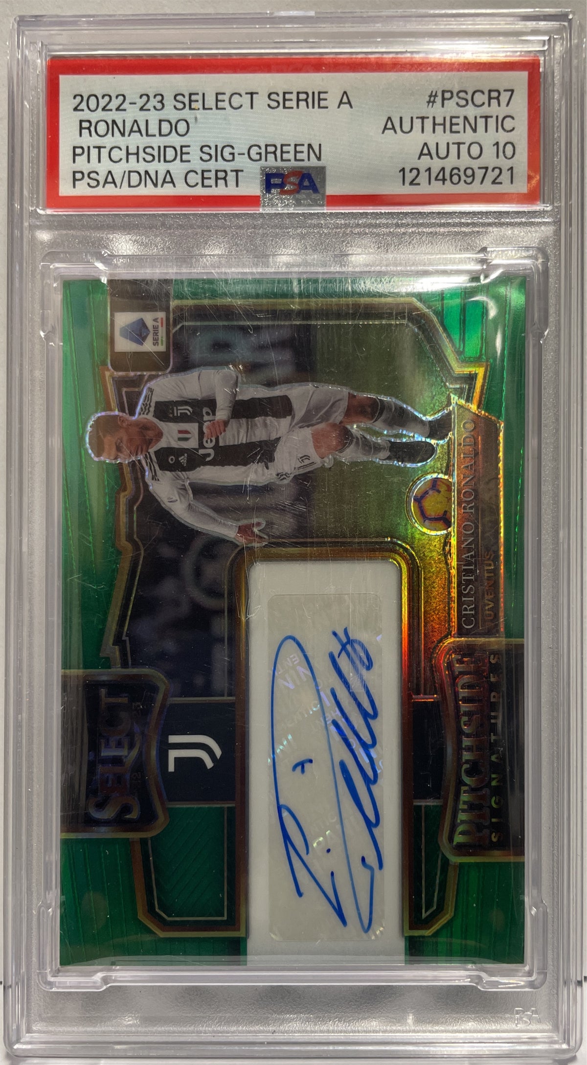 Cristiano Ronaldo 2/2 Autograph Pitchside Signatures Green Panini Select Serie A 2022/23 PSA Auth Auto 10