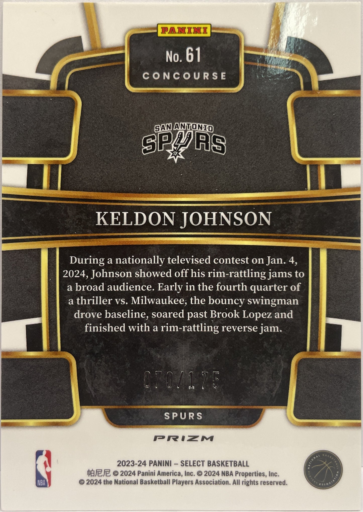 Keldon Johnson 70/175 Flash Purple Prizm Select Basketball NBA 2023/24