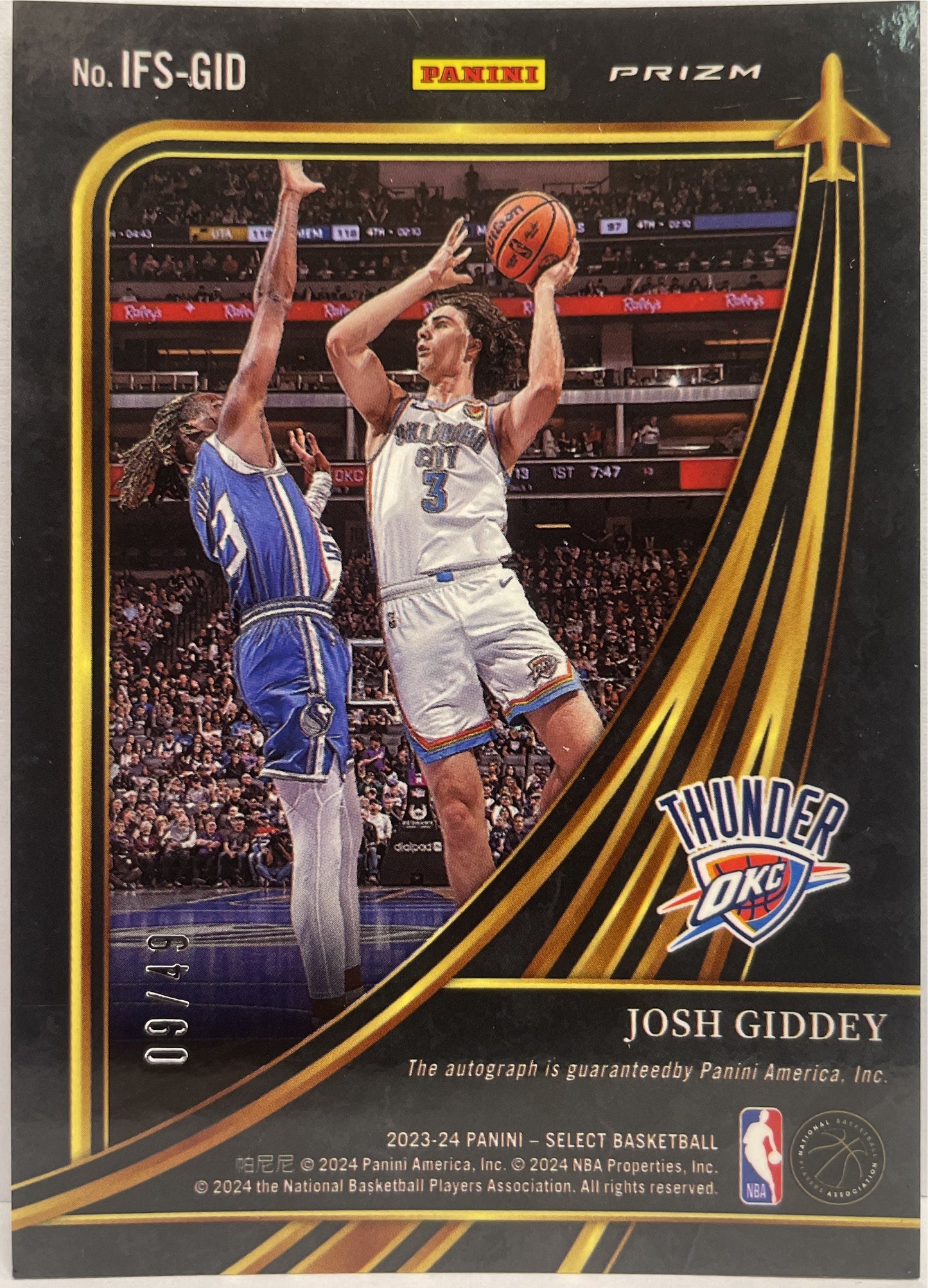 Josh Giddey 9/49 Autograph In Flight Prizm Select Basketball NBA 2023/24