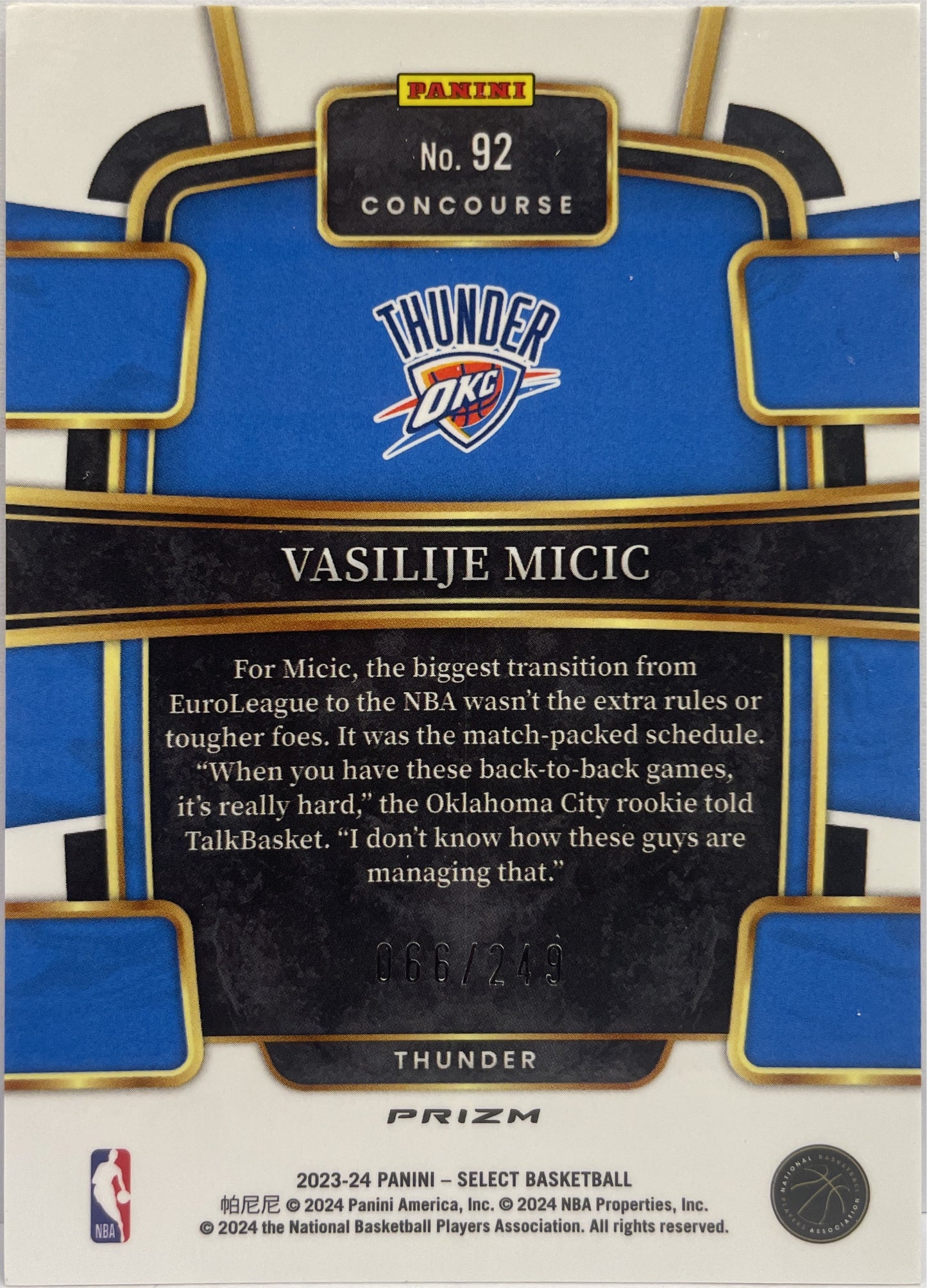 Vasilije Micic 66/249 Rookie Scope Blue Prizm Select Basketball NBA 2023/24