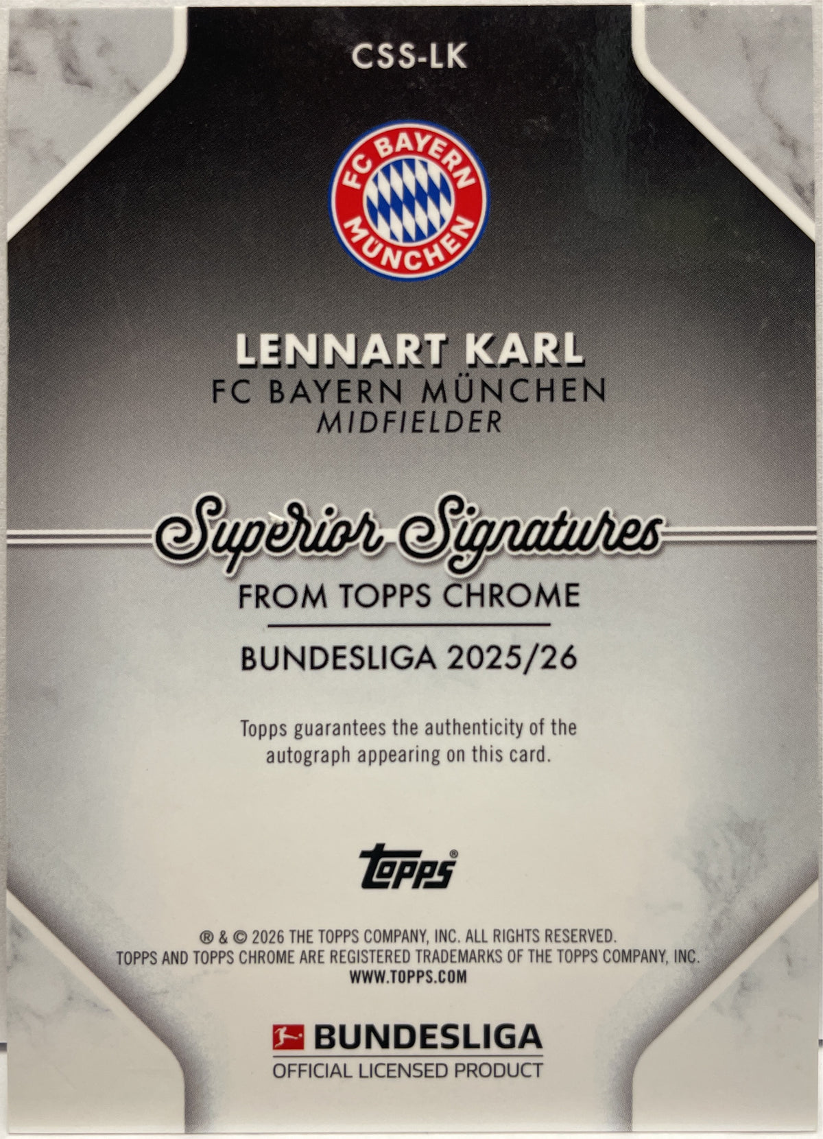 Lennart Karl4/25 Rookie Autograph Superior Signatures Topps Chrome Bundesliga 2025/26