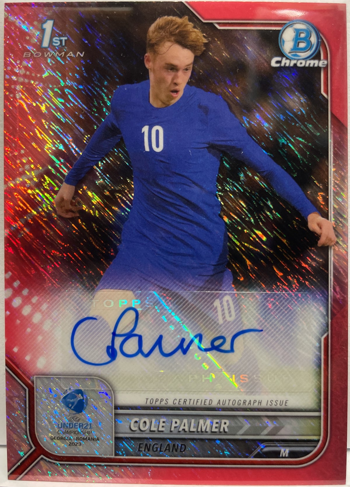Cole Palmer 5/5 Autograph 1ST Bowman Red Shimmer Topps Bowman Chrome Road to Euro U21 Hobby Box 2023