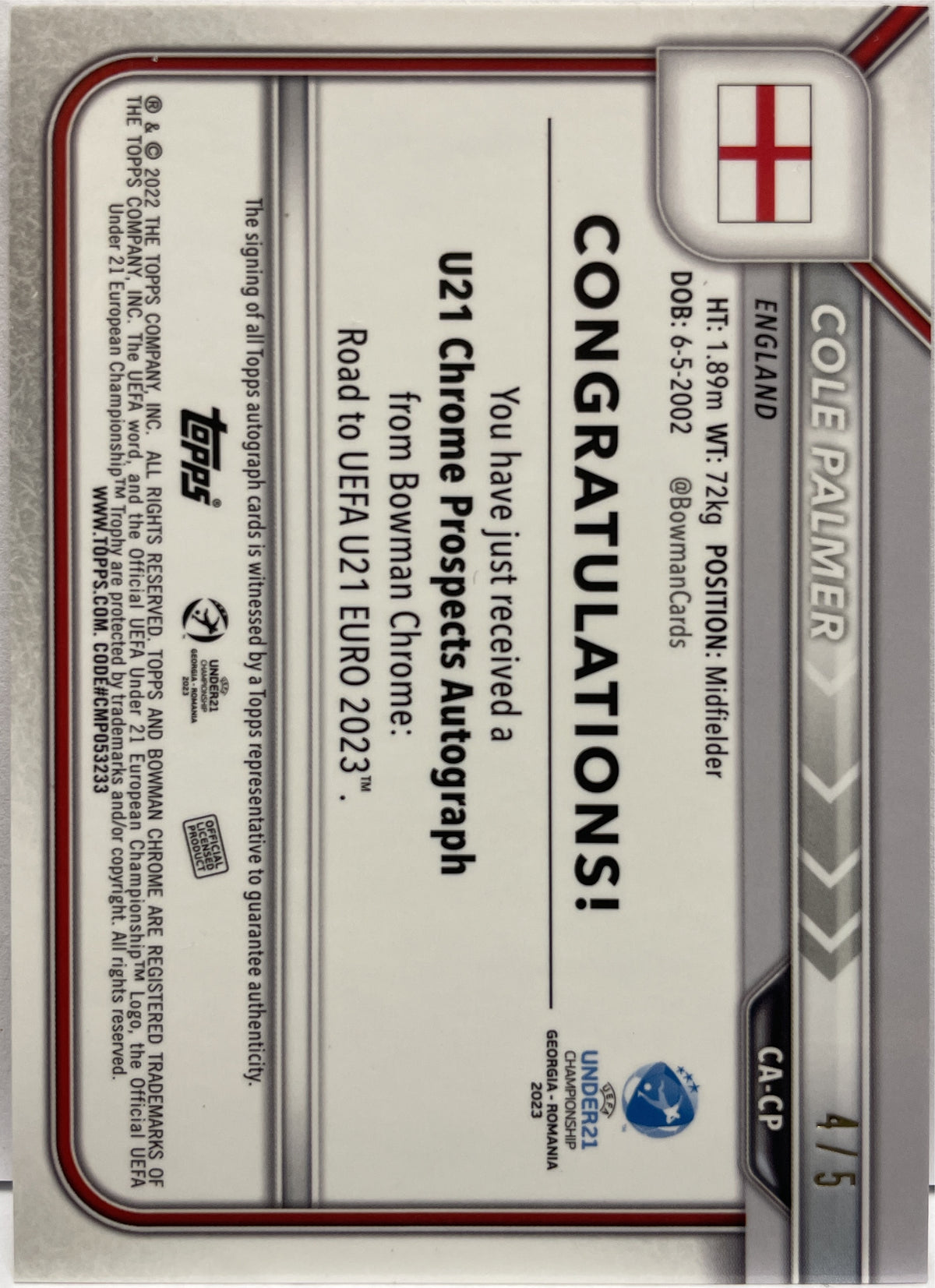 Cole Palmer 5/5 Autograph 1ST Bowman Red Shimmer Topps Bowman Chrome Road to Euro U21 Hobby Box 2023