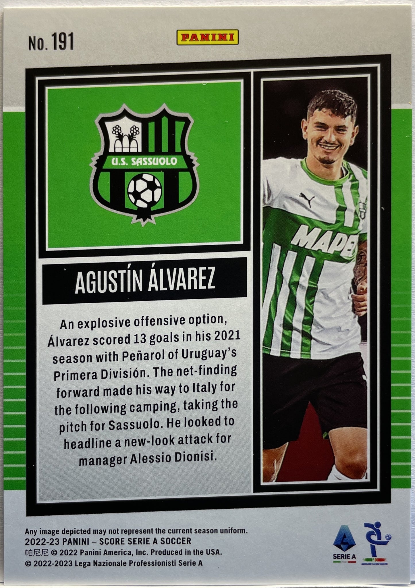 Agustin Alvarez 28/60 Rookie Blue Laser Score Serie A 2022/23