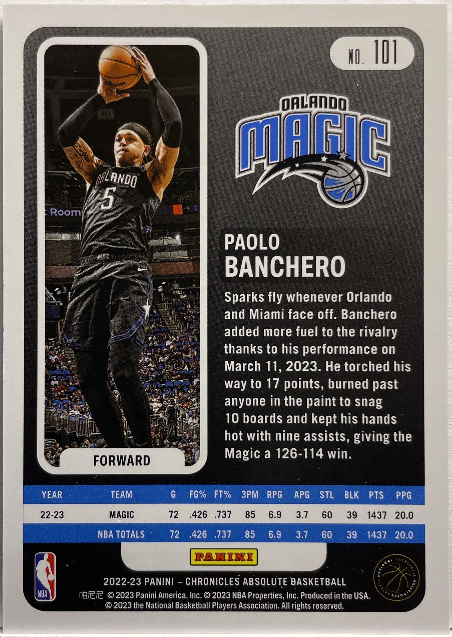 Paolo Banchero 30/75 Rookie Chronicles NBA 2022/23