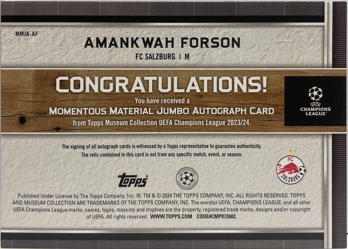 Amankwah Forson 163/199 Rookie Patch Autograph Momentous Material Topps Museum 2023/24