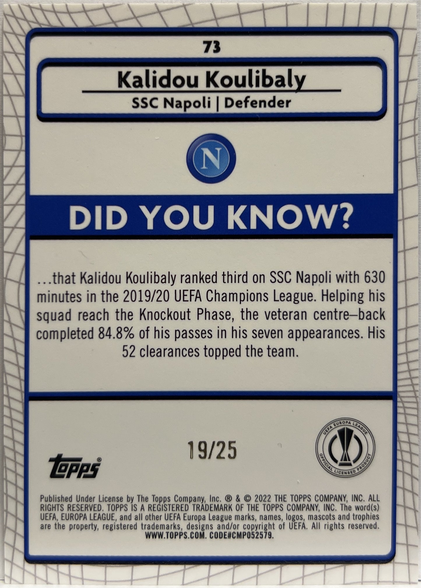 Kalidou Koulibaly 19/25 Orange Topps Chrome Merlin 2021/22