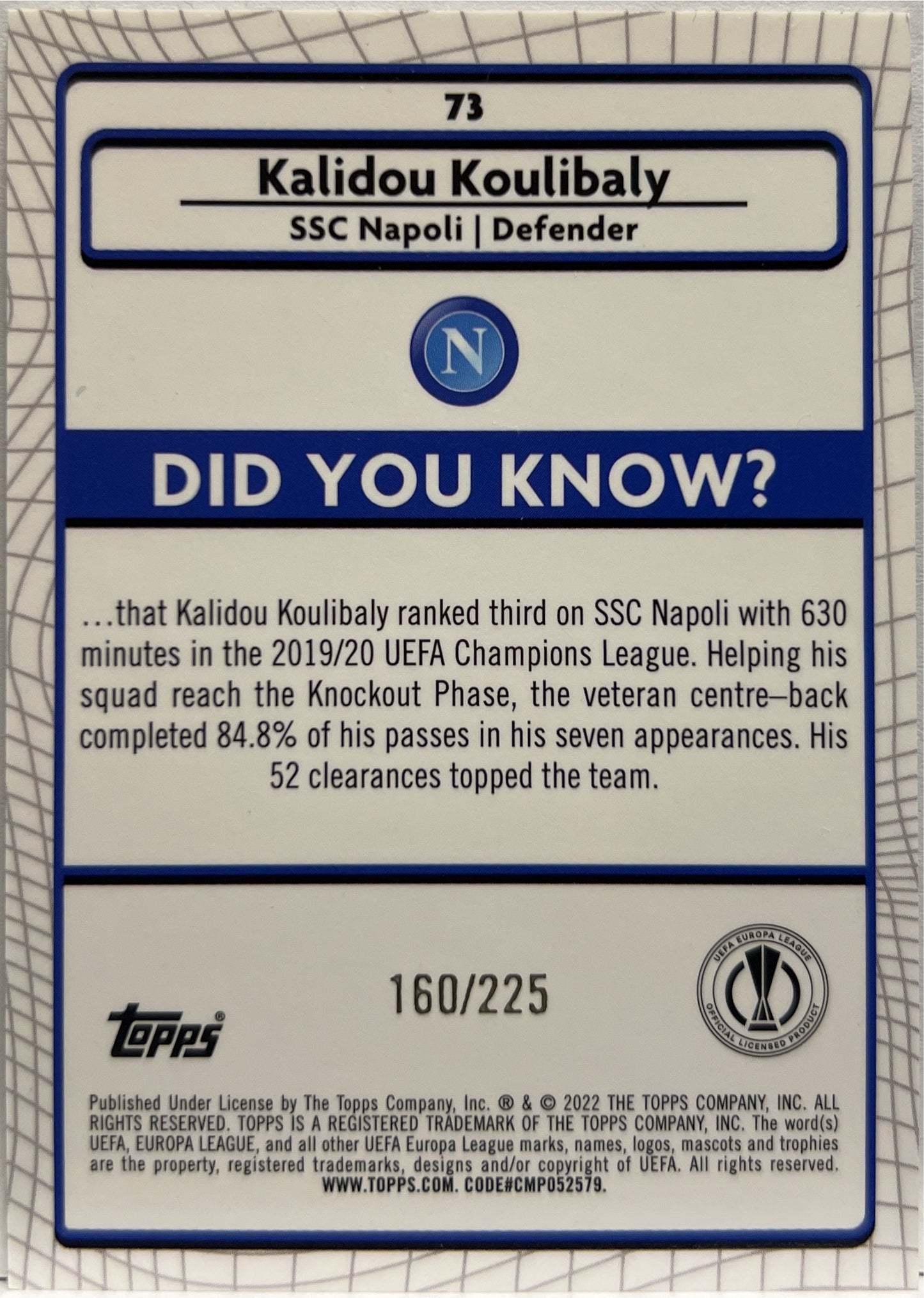 Kalidou Koulibaly 160/225 Yellow Shimmer Topps Chrome Merlin 2021/22