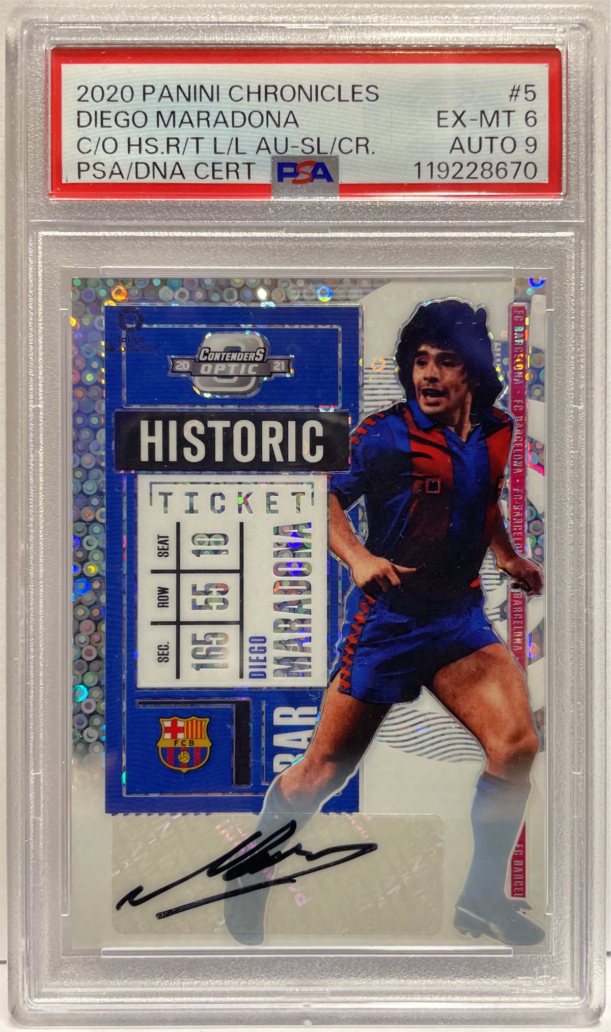 Diego Maradona 2/5 Autograph Historic Ticket Optic Contenders Panini Chronicles 2019/20 PSA 6 Auto 9