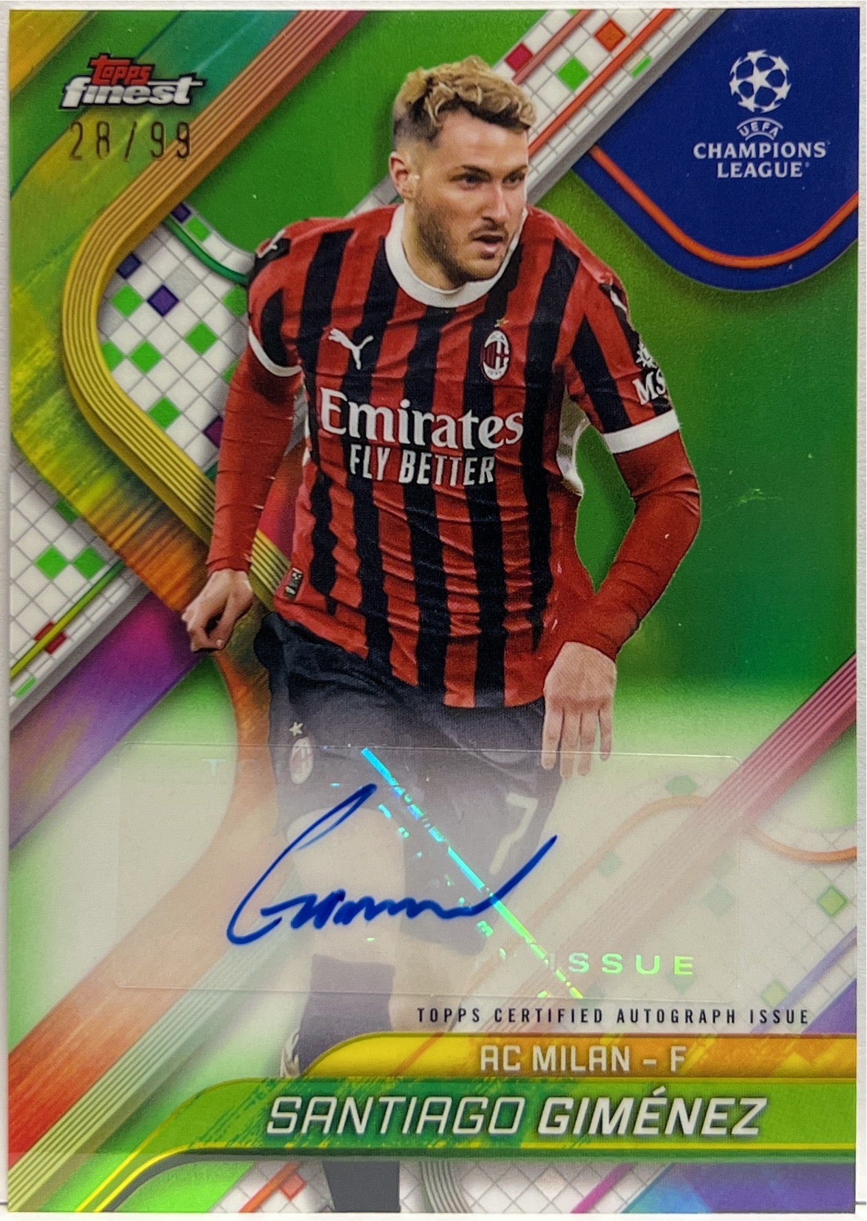 Santiago Gimenez 28/99 Autograph Neon Green Topps Finest UCC 2024/25