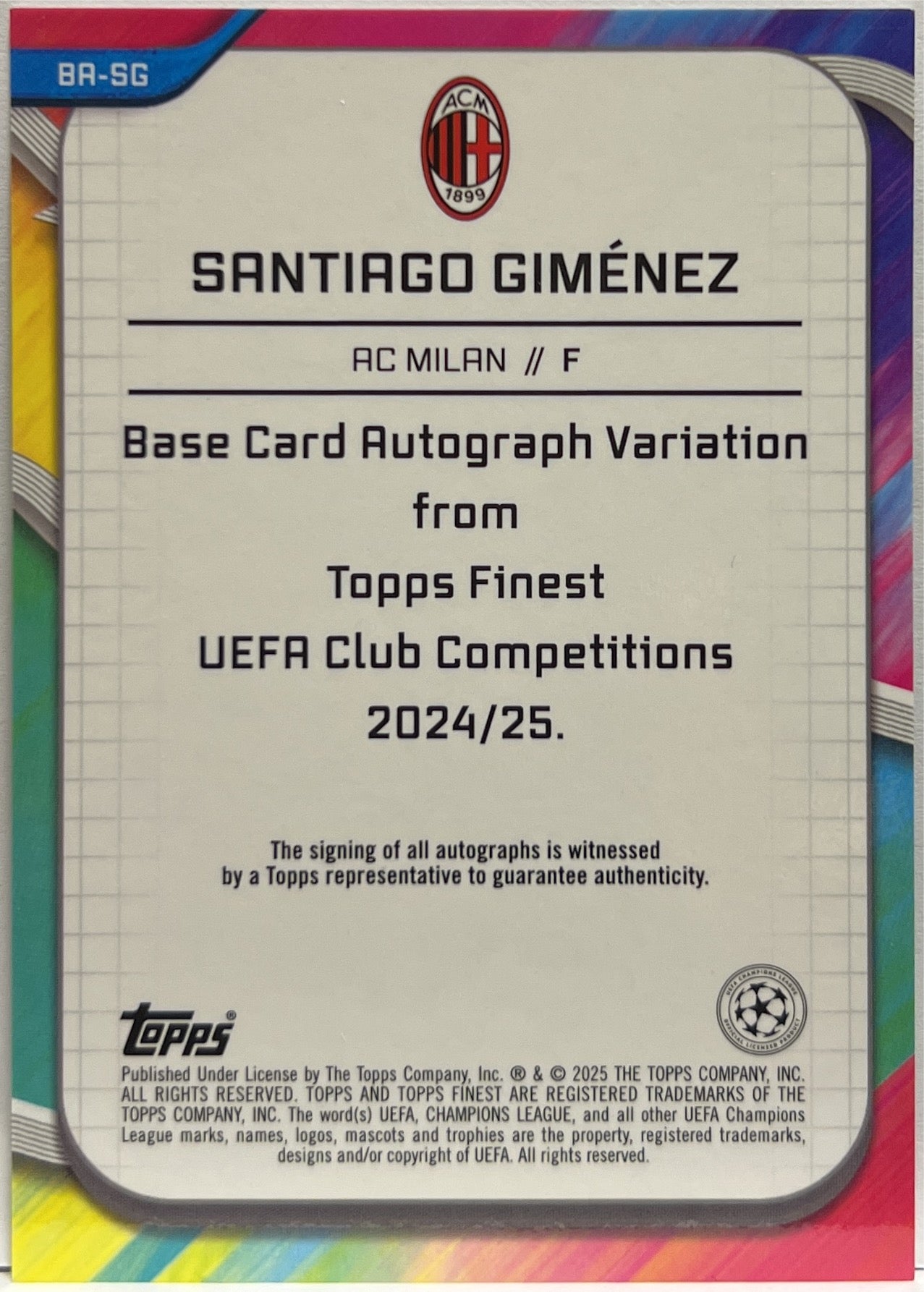 Santiago Gimenez 28/99 Autograph Neon Green Topps Finest UCC 2024/25