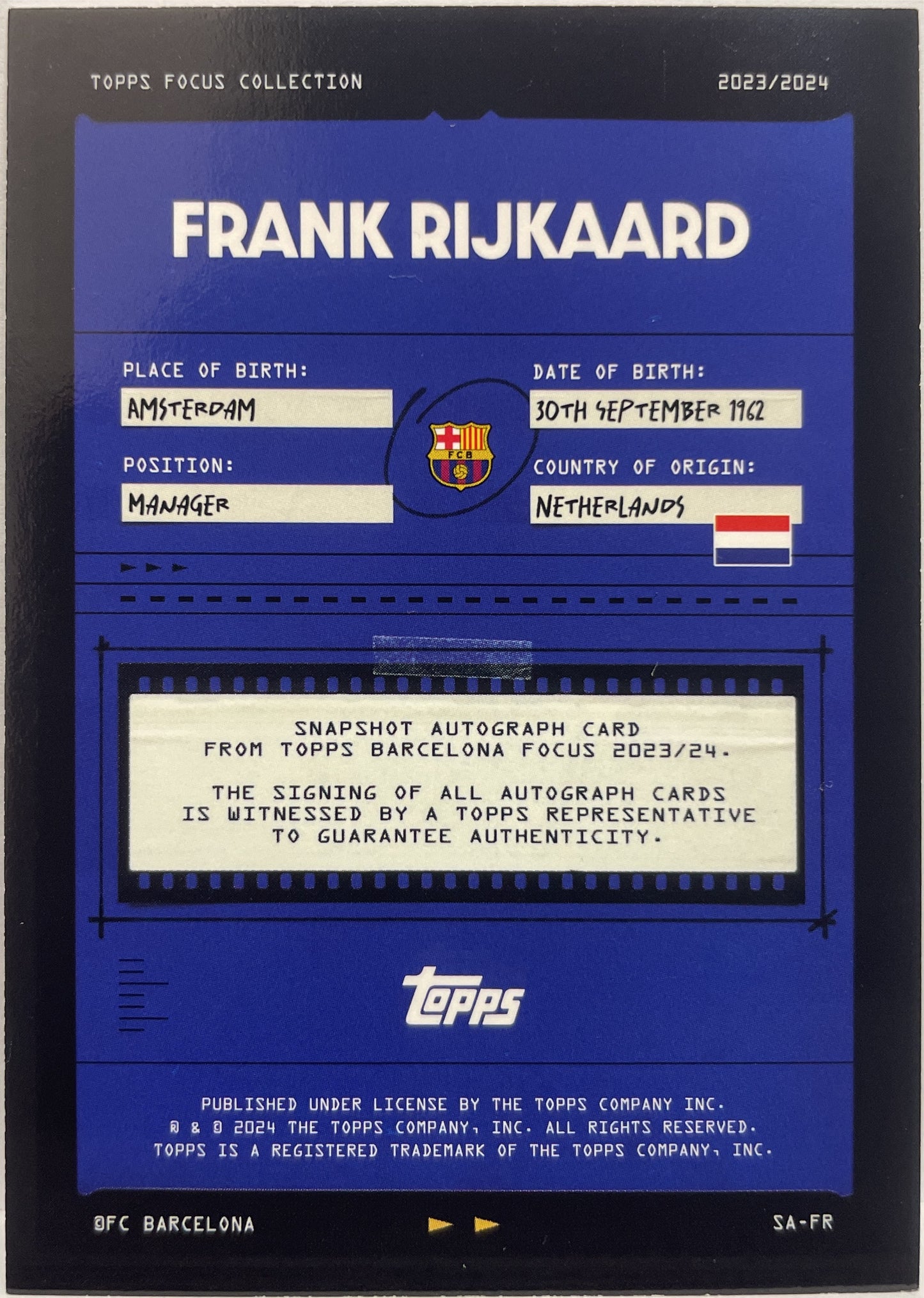 Frank Rijkaard 14/99 Autograph Green Topps Focus Barcelona 2023/24