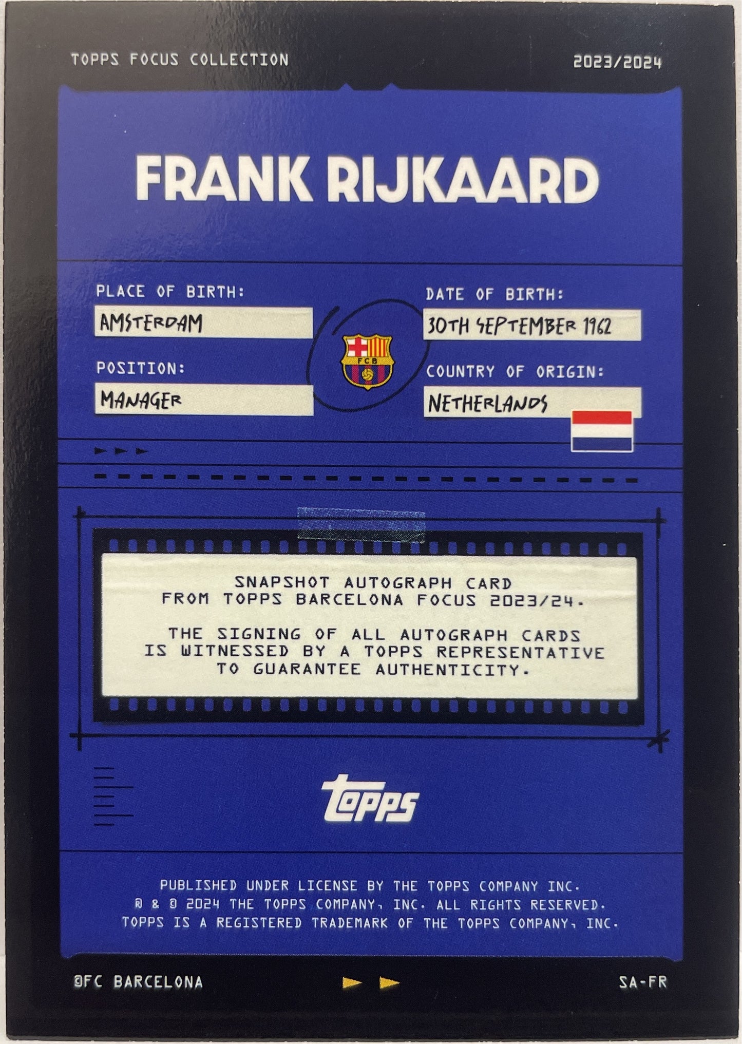 Frank Rijkaard 7/25 Autograph Orange Topps Focus Barcelona 2023/24