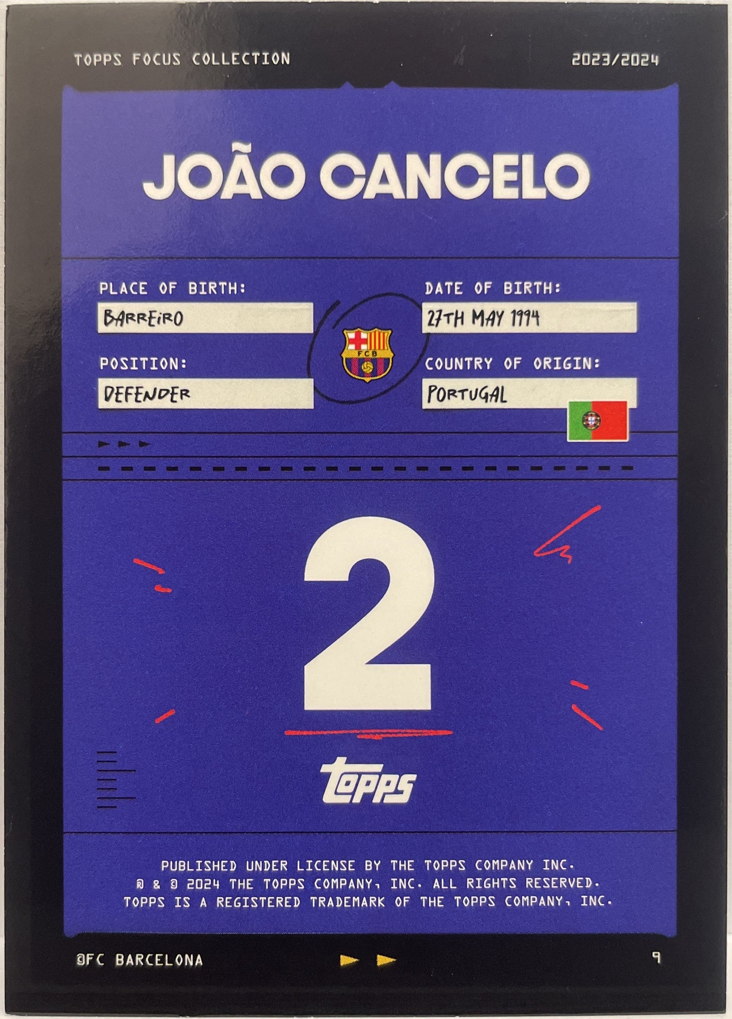 Joao Cancelo 24/75 Blue Topps Focus Barcelona 2023/24