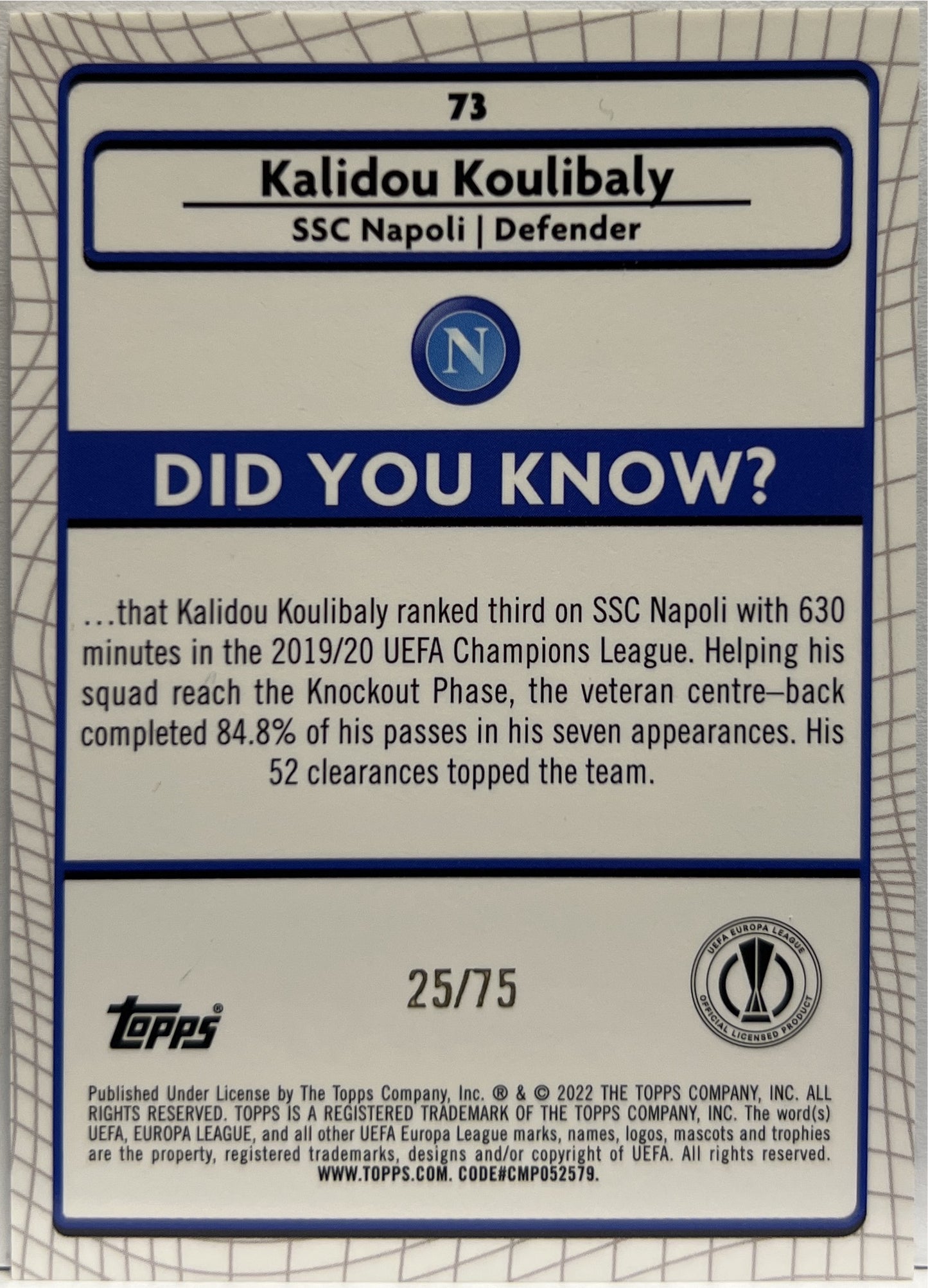 Kalidou Koulibaly 25/75 Blue Shimmer Topps Chrome Merlin UCC 2021/22