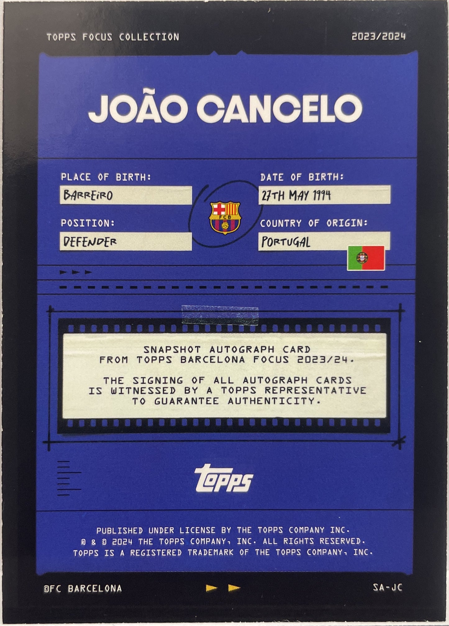 Joao Cancelo Autograph Topps Focus Barcelona 2023/24