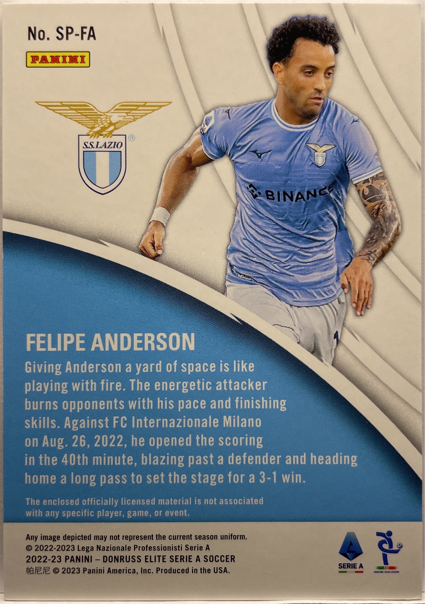 Felipe Anderson 14/49 Patch Spark Plugs Donruss Elite Serie A 2022/23