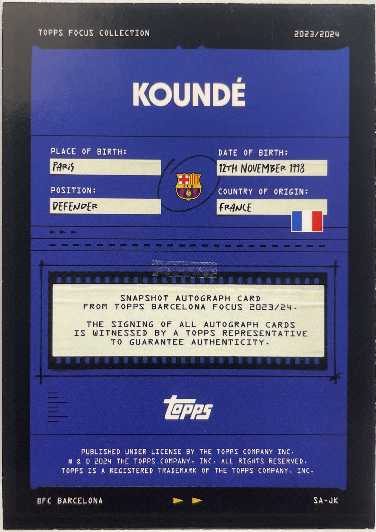 Jules Kounde Autograph Topps Focus Barcelona 2023/24