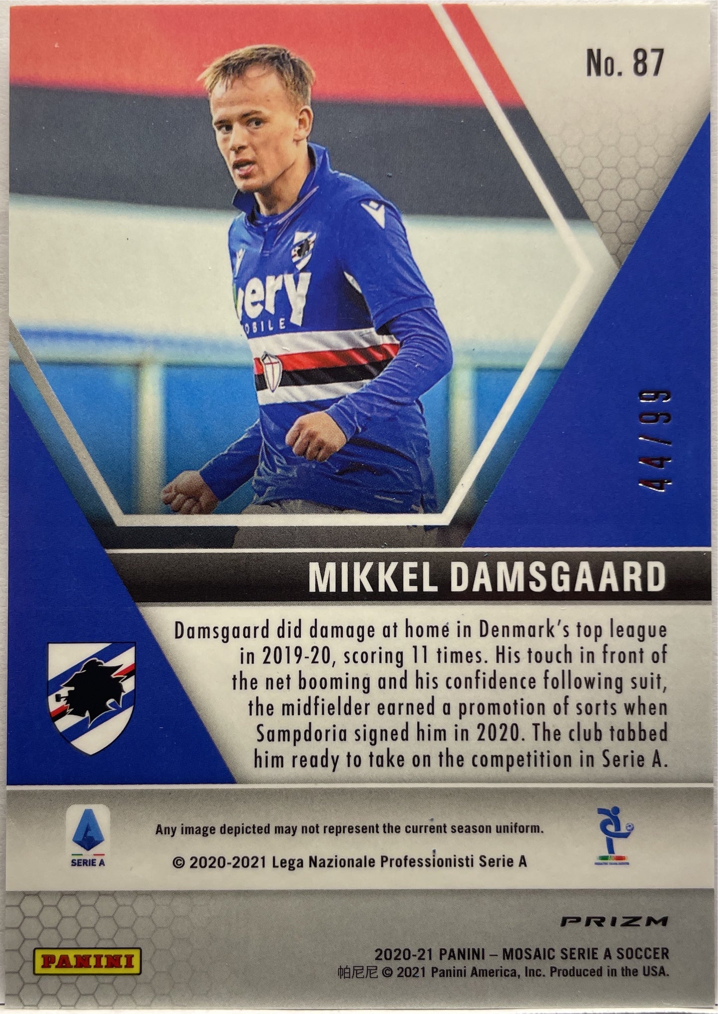 Mikkel Damsgaard 44/99 Rookie Blue Mosaic Serie A 2020/21