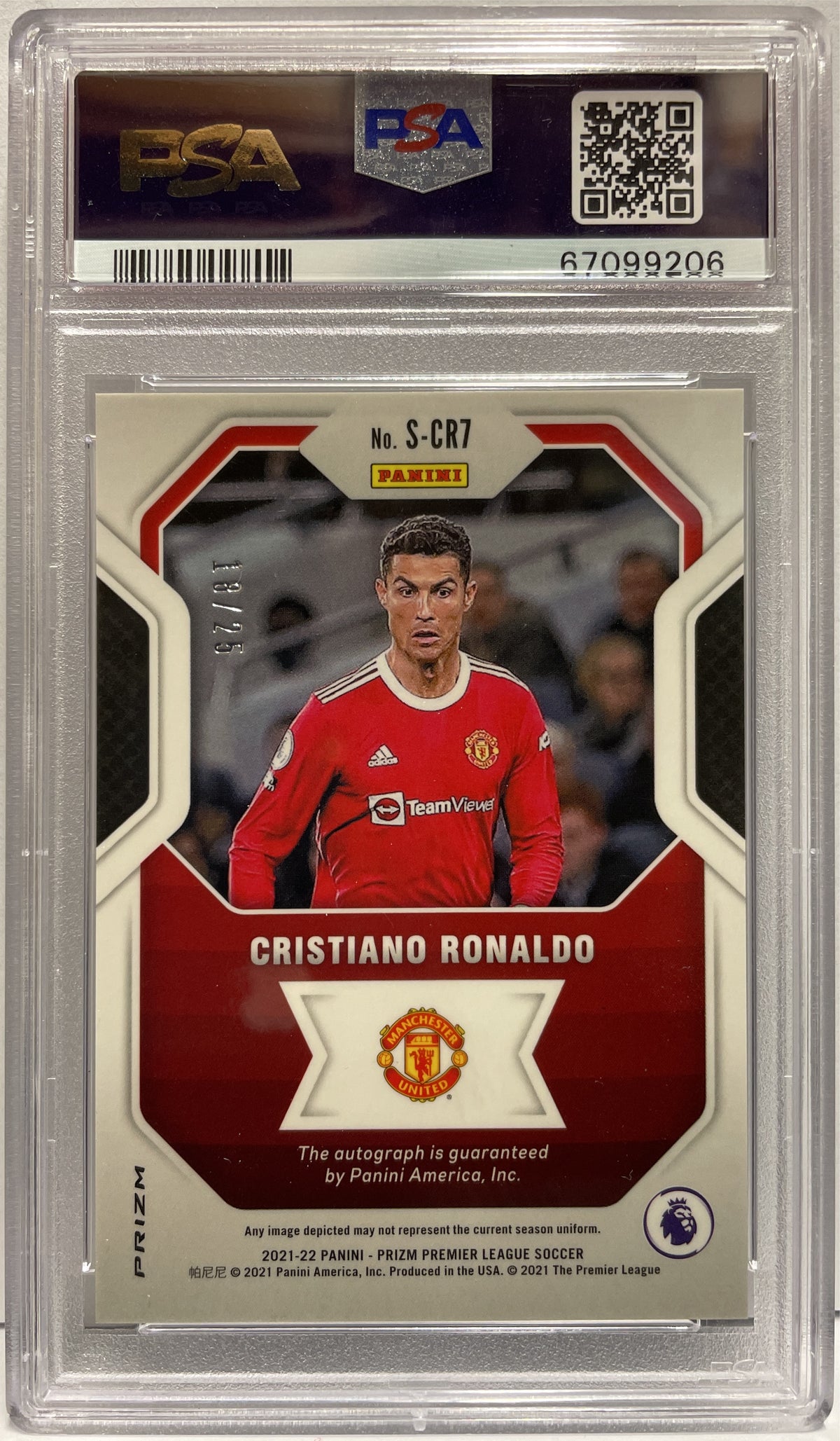 Cristiano Ronaldo 18/25 Autograph Signatures Silver Panini Prizm EPL Premier League 2021/22 PSA 9