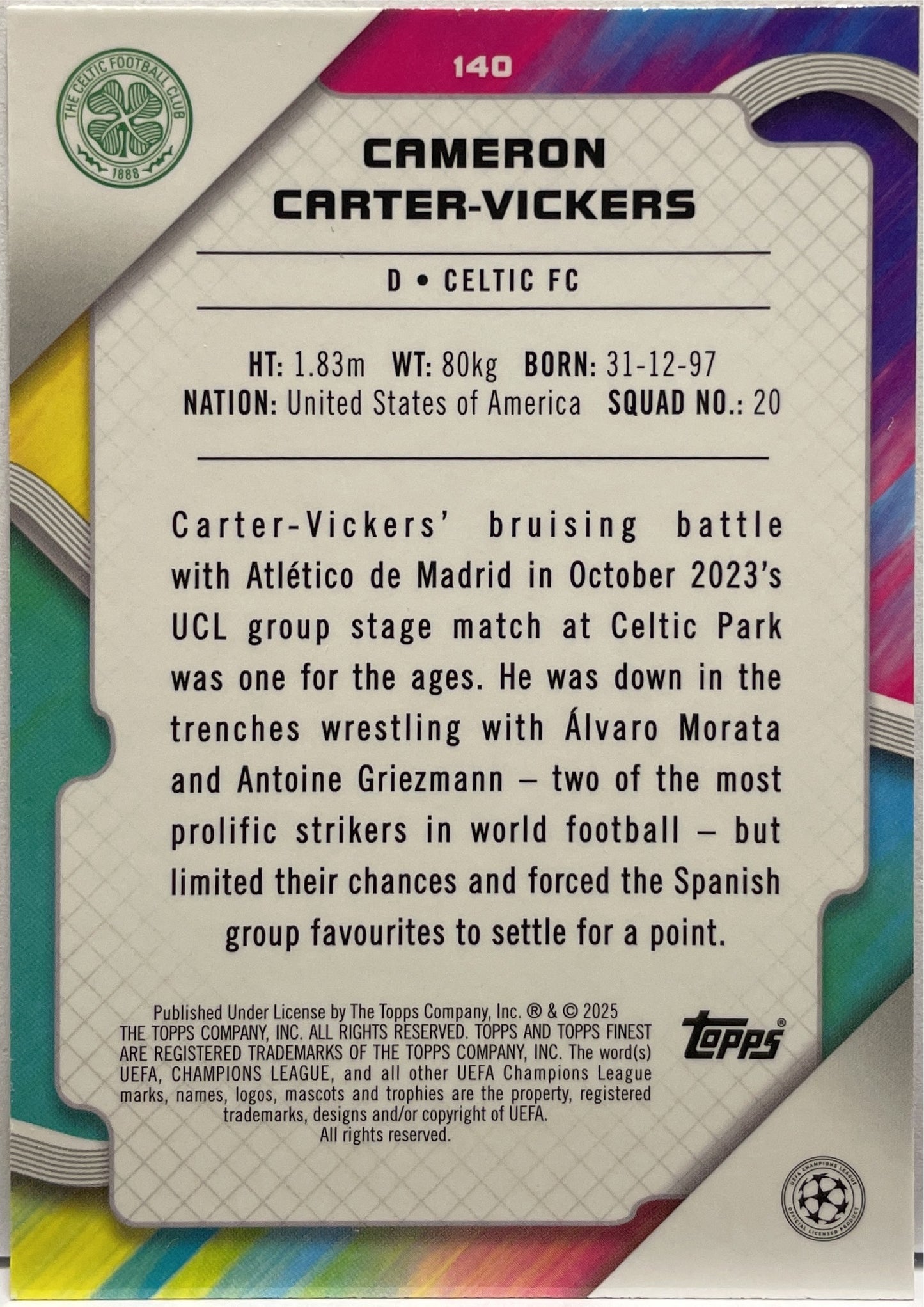 Cameron Carter Vickers 22/250 Pink RayWave Topps Finest UCC 2024/25