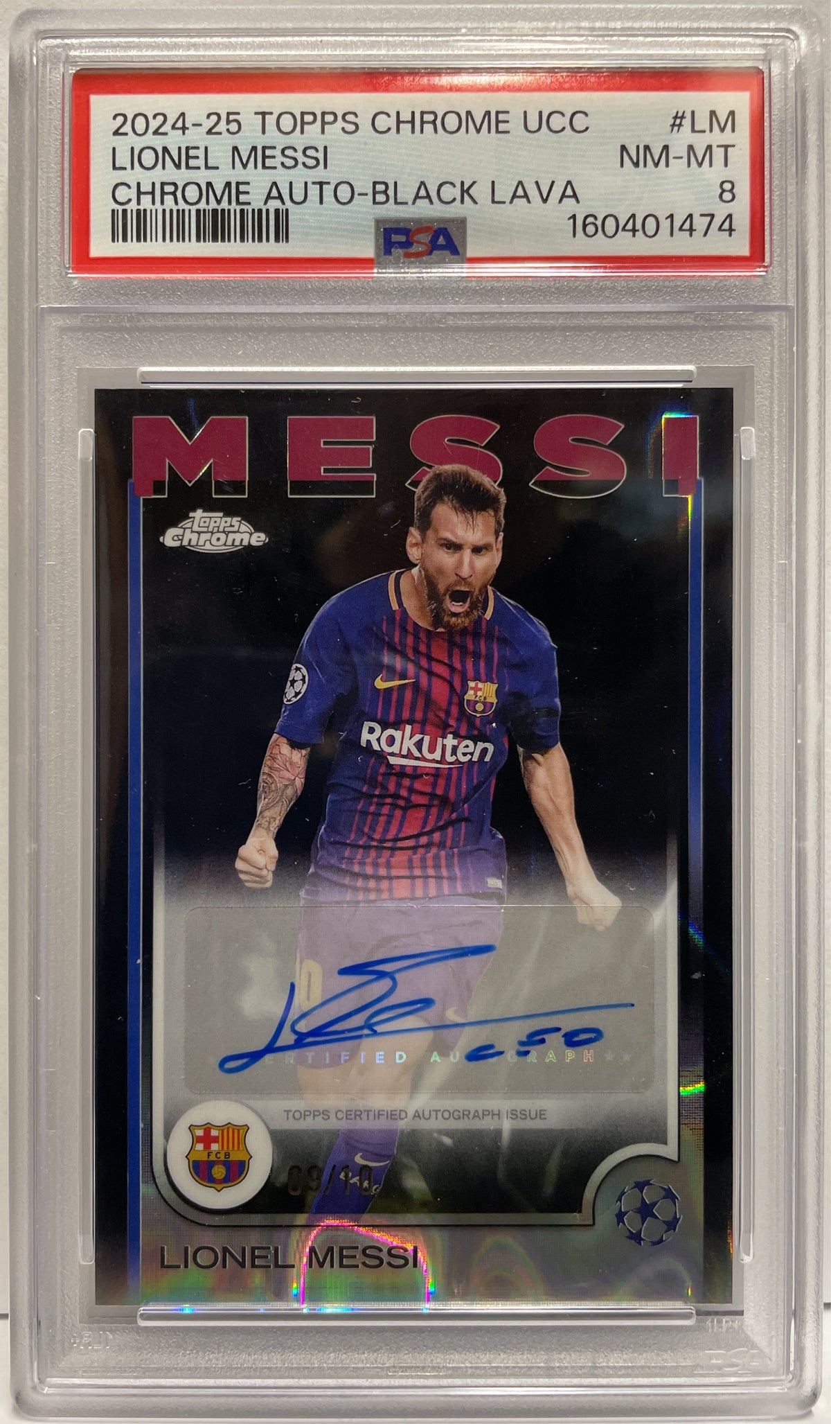 Lionel Messi 9/10 Autograph Black Lava Topps Chrome UCC 2024/25 PSA 8