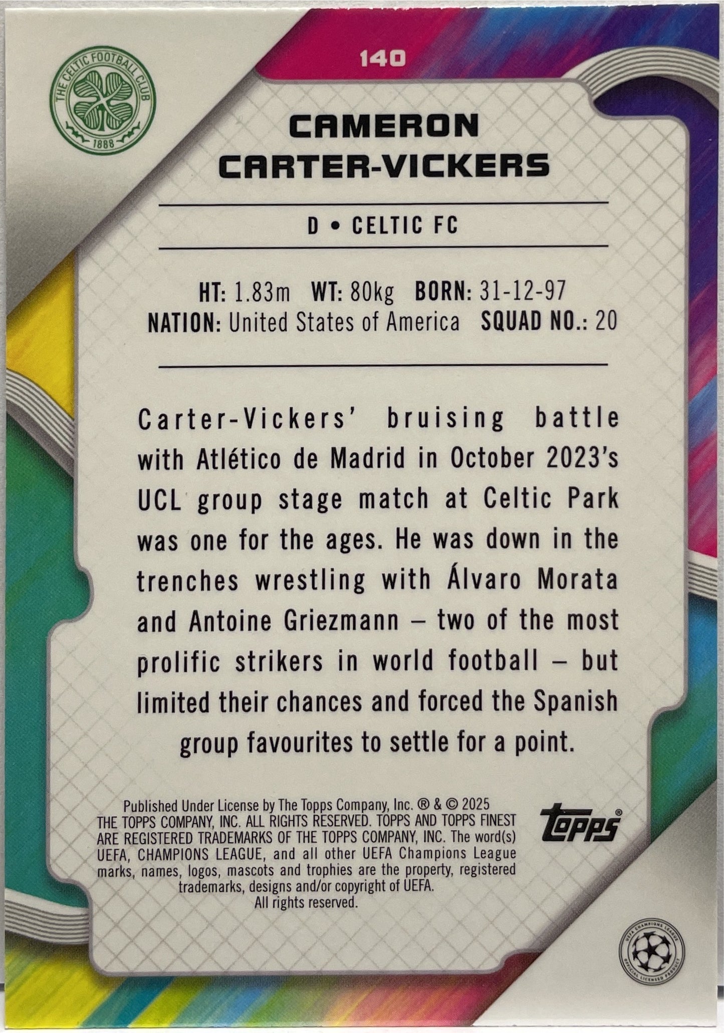 Cameron Carter Vickers 112/150 Blue RayWave Topps Finest UCC 2024/25