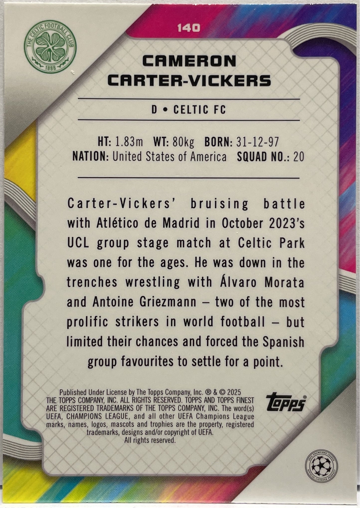 Cameron Carter Vickers 124/250 Pink RayWave Topps Finest UCC 2024/25