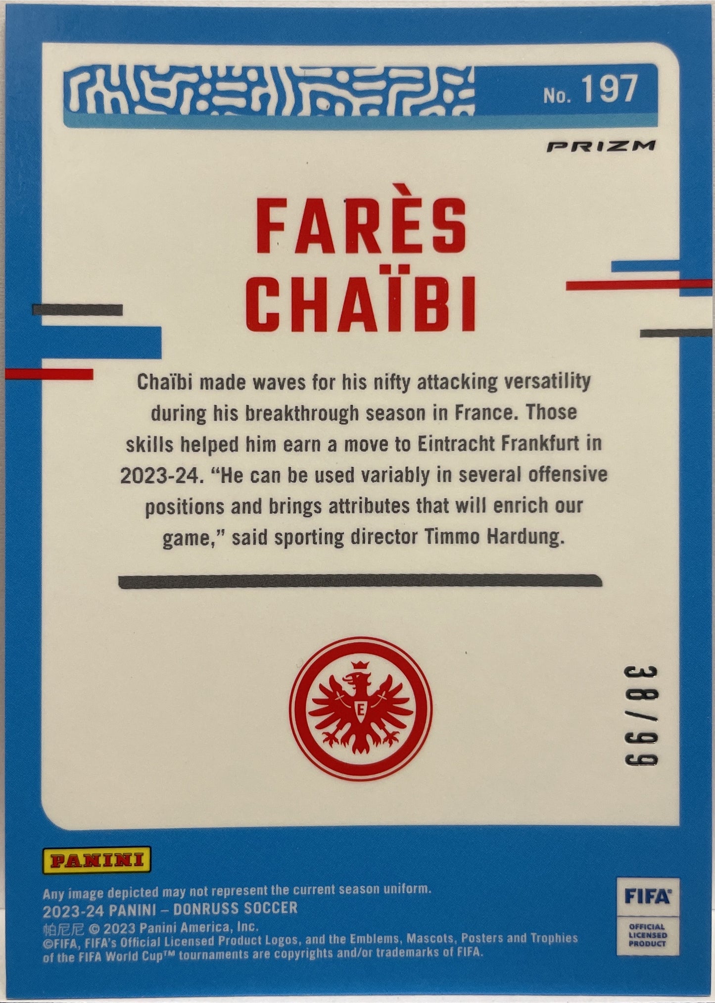 Fares Chaibi 38/99 Rated Rookie Blue Optic Donruss Fifa 2023/24