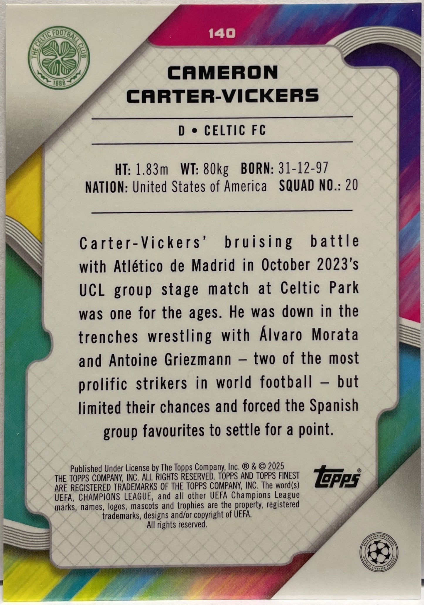 Cameron Carter Vickers 7/25 Orange Topps Finest UCC 2024/25