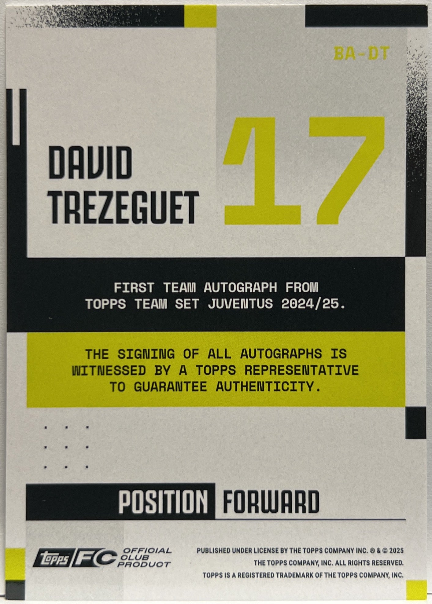 David Trezeguet 8/99 Autograph Pink Topps Juventus Premium Team Set 2024/25
