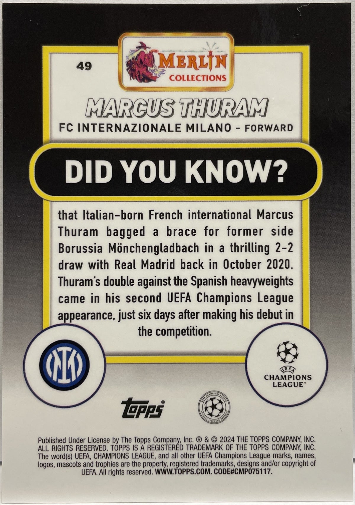 Marcus Thuram 1/1 Superfractor Topps Chrome Merlin 2023/24