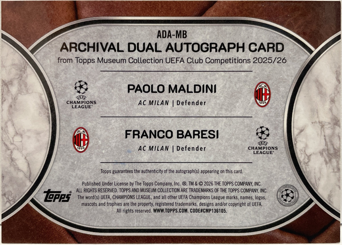 Paolo Maldini Franco Baresi 2/25 Dual Autograph Archival Topps Museum 2025/26