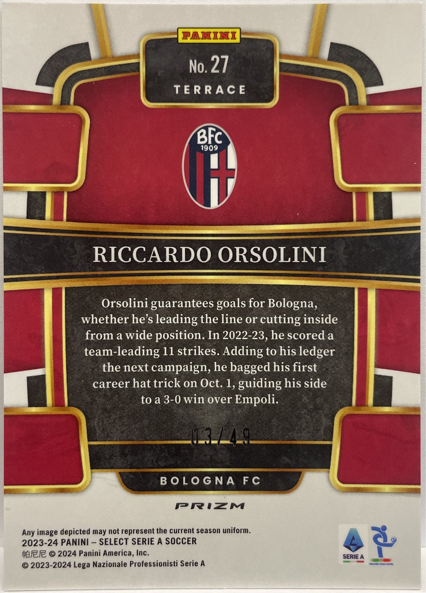 Riccardo Orsolini 3/49 Terrace Red Wave Select Serie A 2023/24