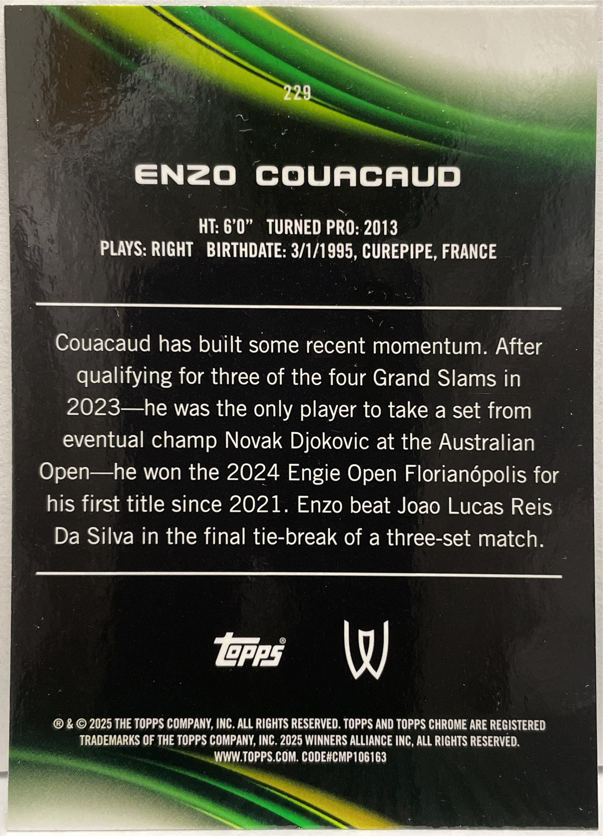 Enzo Couacaud 37/99 1ST Green Topps Chrome Tennis 2025