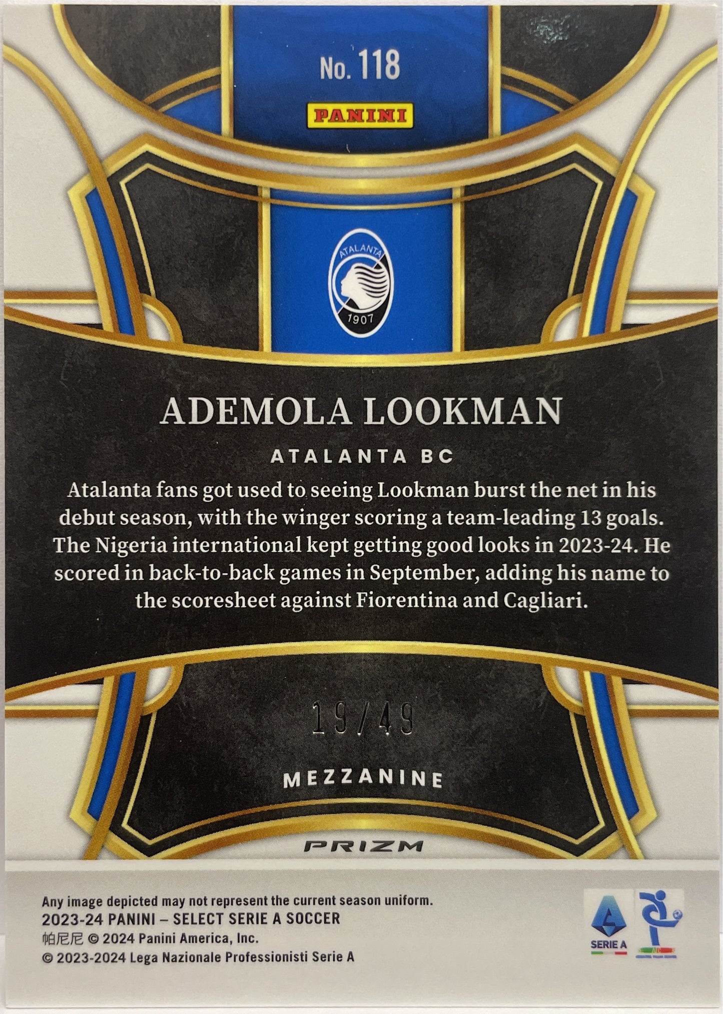 Ademola Lookman 19/49 Mezzanine Red Wave Select Serie A 2023/24