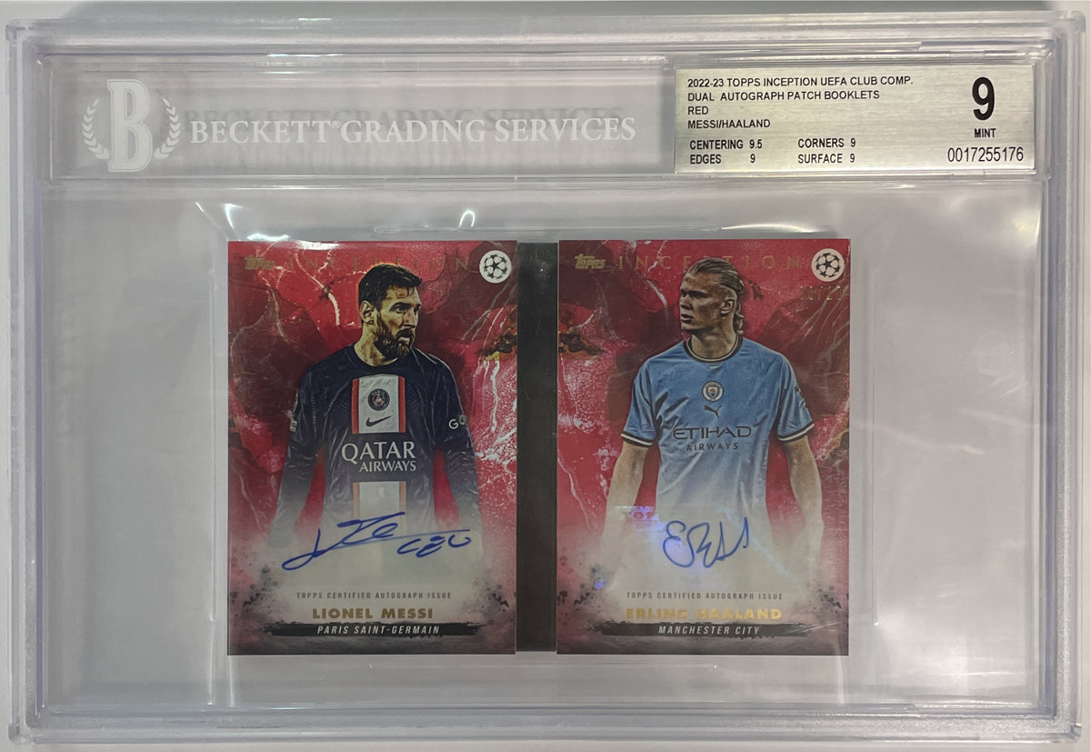 Lionel Messi Erling Haaland 8/10 Booklet Dual Autograph Red Topps Inception 2022/23 Beckett 9