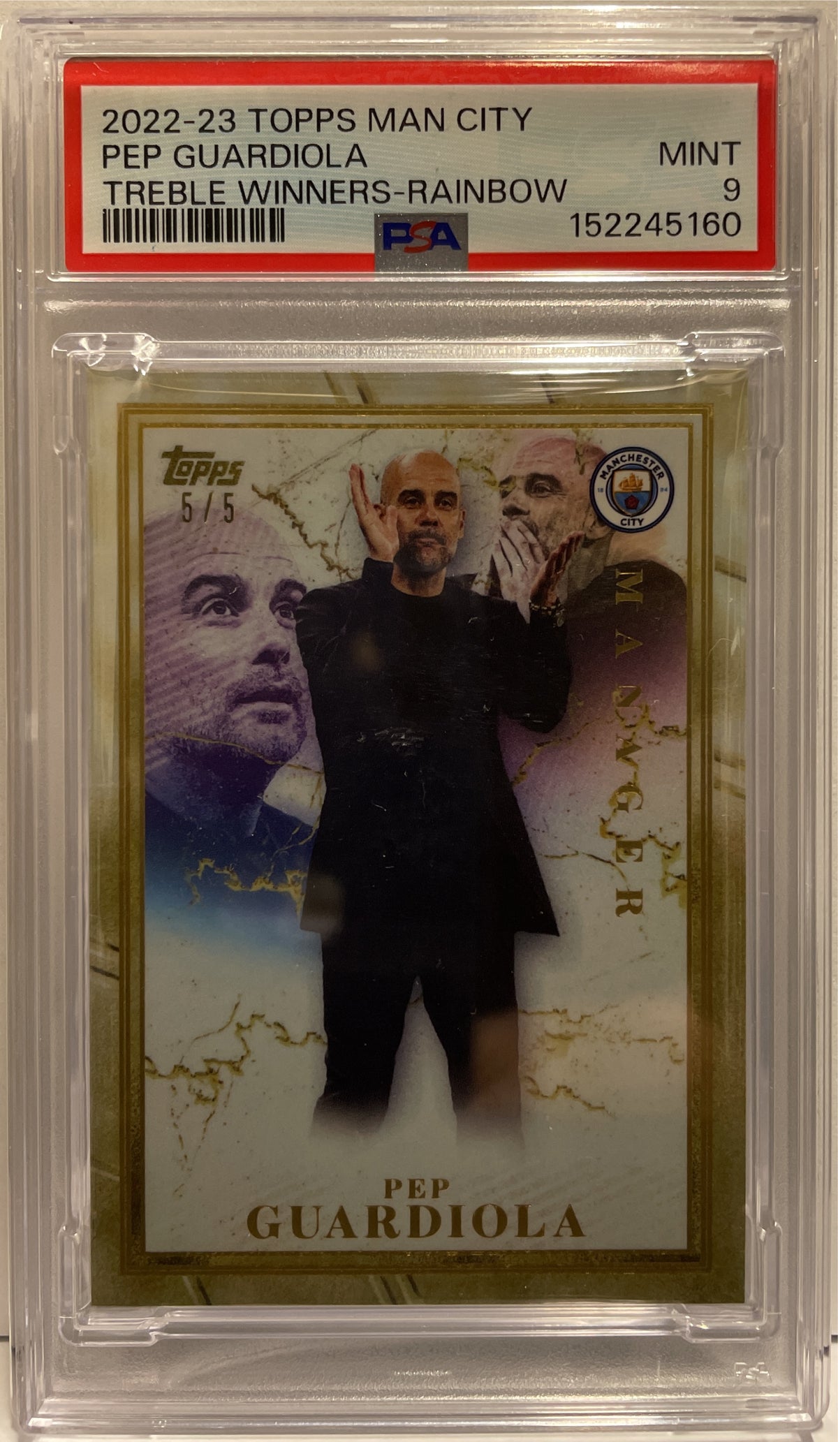 Pep Guardiola 5/5 Rainbow Topps Manchester City Treble Winners 2022/23 PSA 9