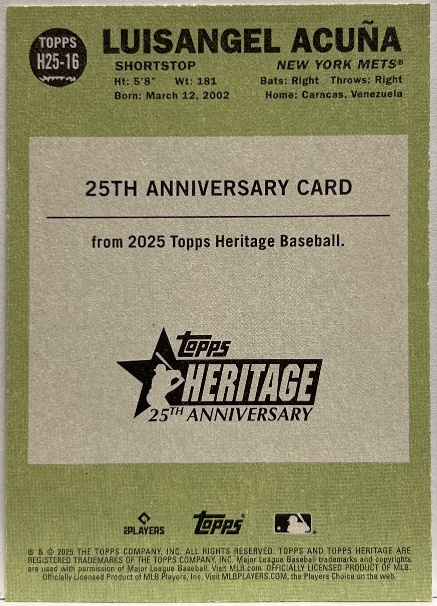 Luisangel Acuna Rookie Autograph Printed Topps Heritage 25 Anniversary Baseball 2025