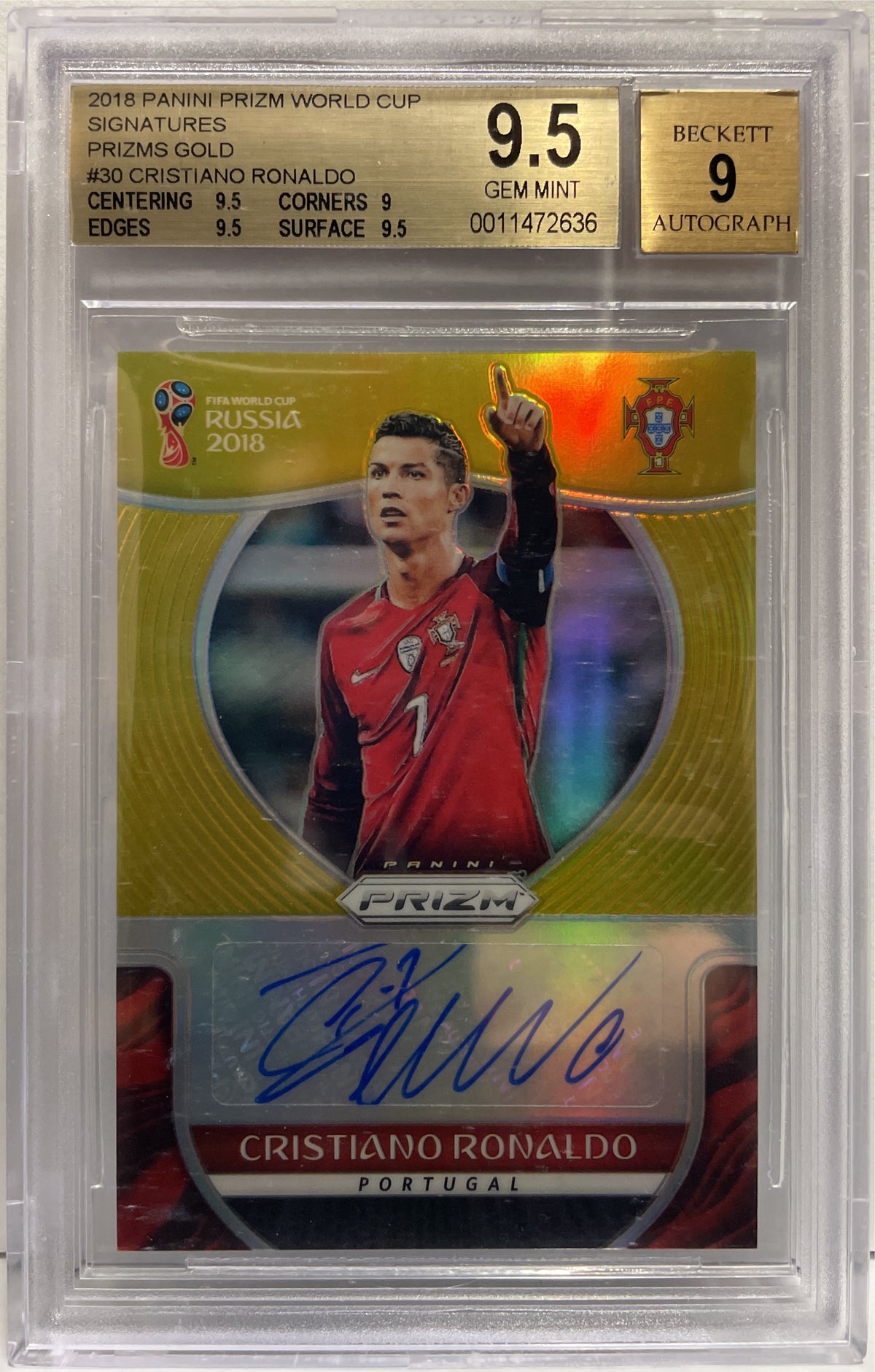 Cristiano Ronaldo 9/10 Autograph Gold Panini Prizm World Cup 2018 Beckett 9.5 Auto 9