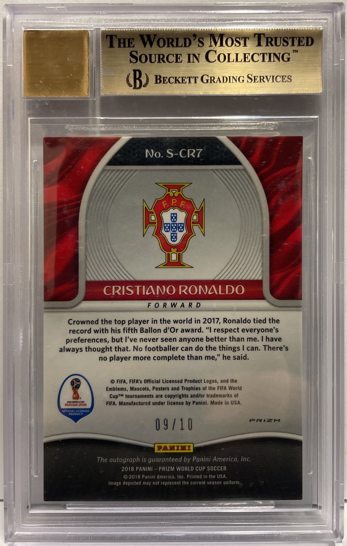 Cristiano Ronaldo 9/10 Autograph Gold Panini Prizm World Cup 2018 Beckett 9.5 Auto 9