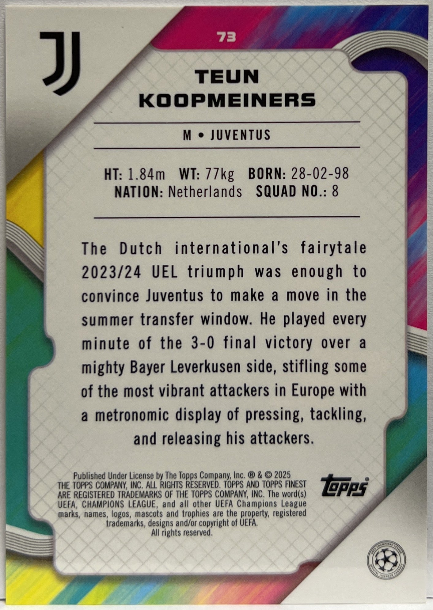 Teun Koopmeiners 5/10 Black Topps Finest UCC 2024/25