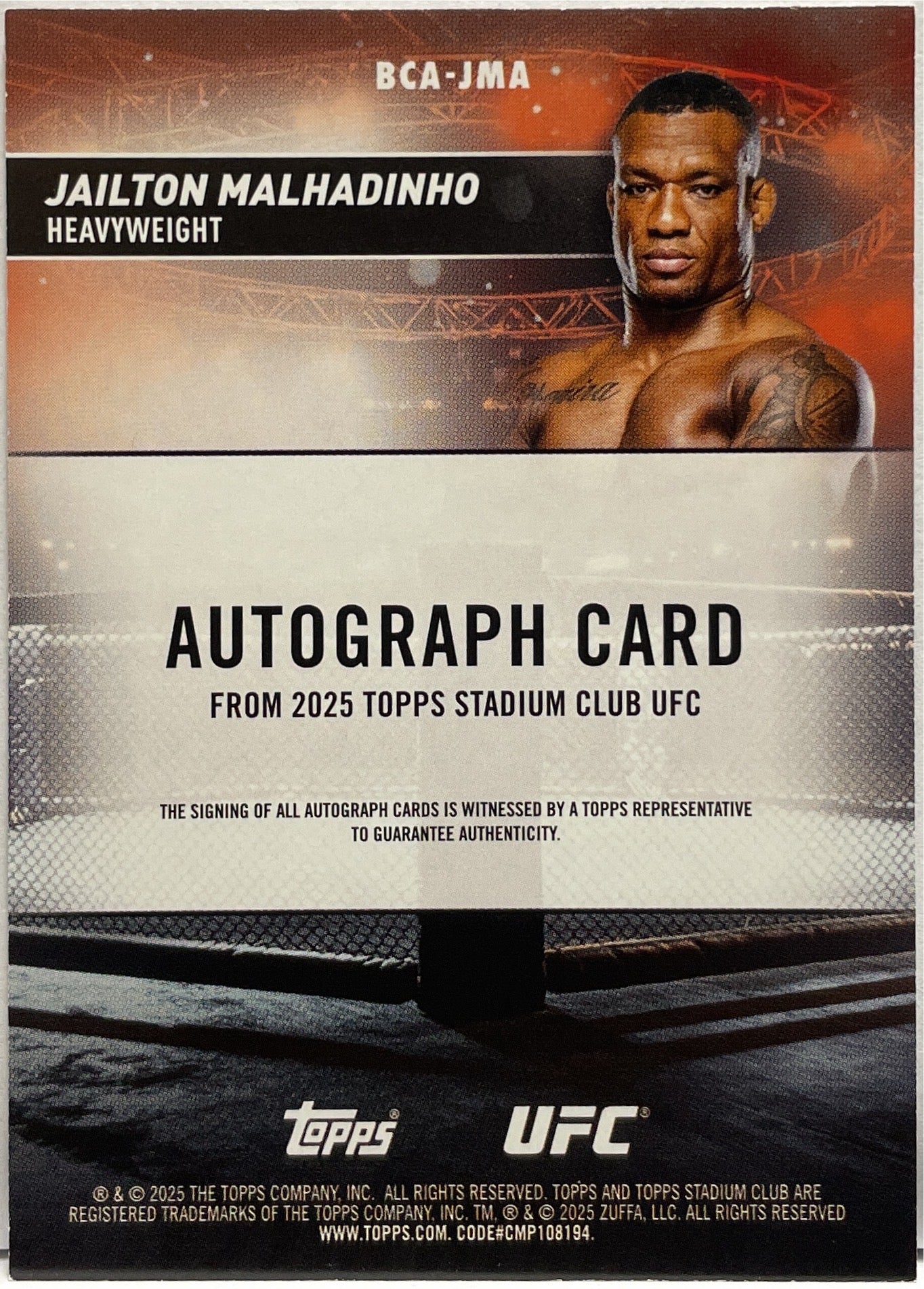 Jailton Malhadinho 11/25 Autograph On Card Rainbow Topps Stadium UFC 2025